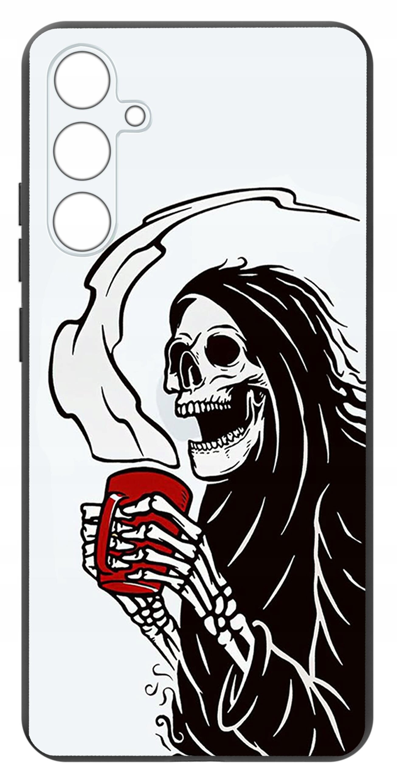 Etui na telefon z nadrukiem szkieletu w kapturze trzymającego czerwony kubek. Tło jest jasne, a etui ma wycięcia na aparat i przyciski.