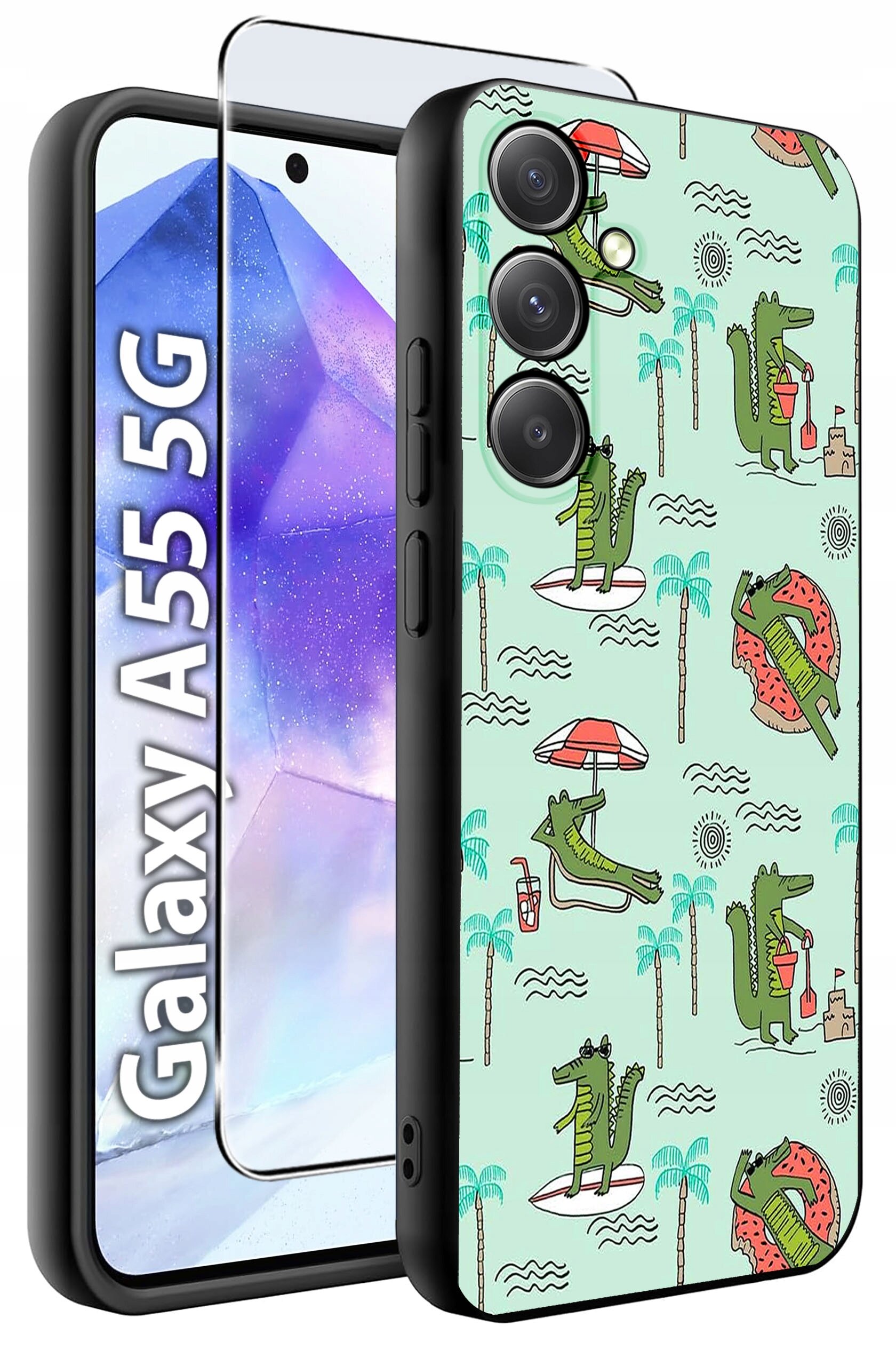 Etui na telefon z wzorem krokodyli na tle palm, w zestawie z hartowanym szkłem ochronnym. Widoczny napis: \'Galaxy A55 5G\'.