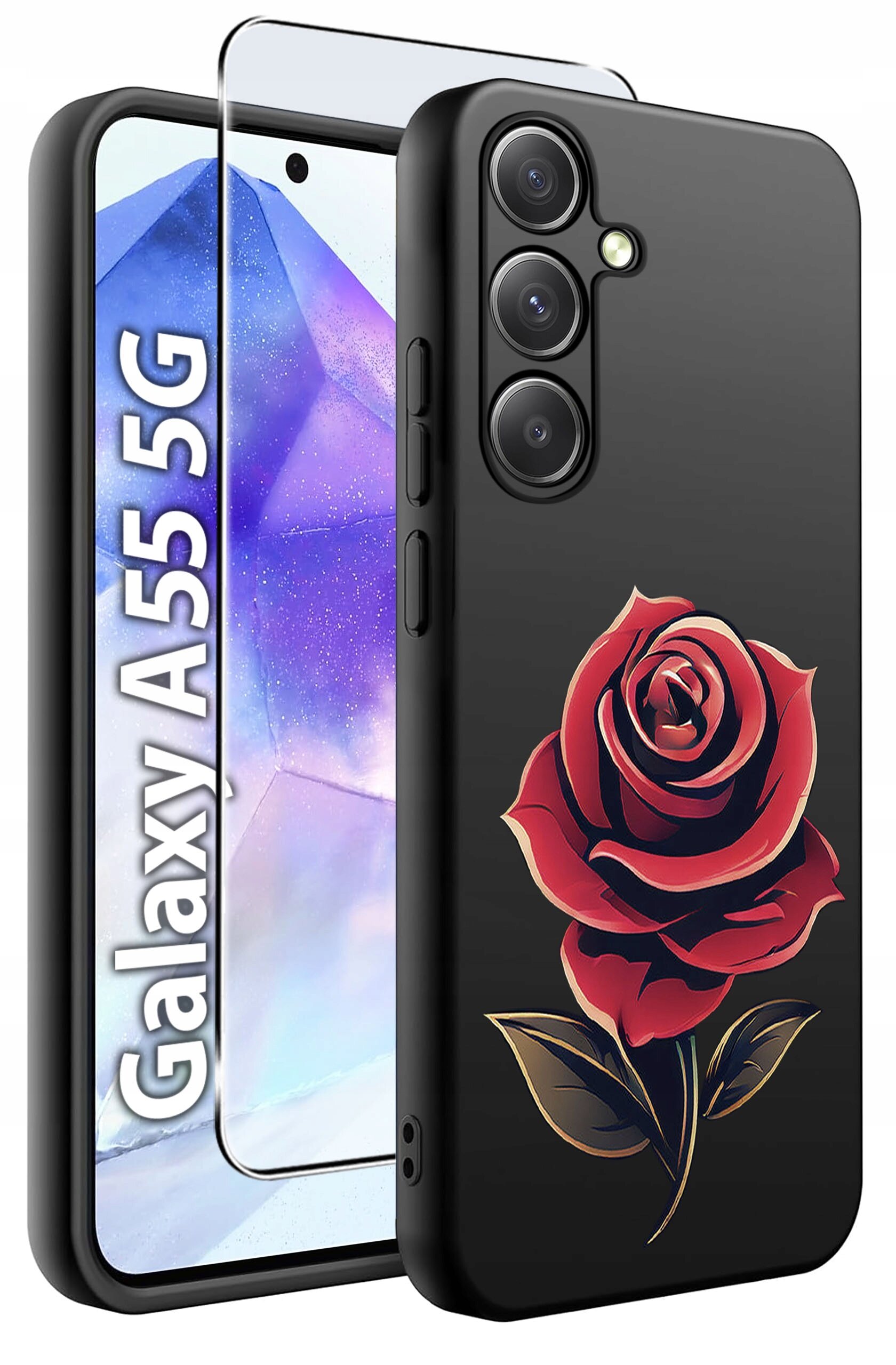 Obraz przedstawia czarne etui na telefon z nadrukiem czerwonej róży oraz szkło hartowane. Obok widoczny jest telefon z napisem \'Galaxy A55 5G\'.