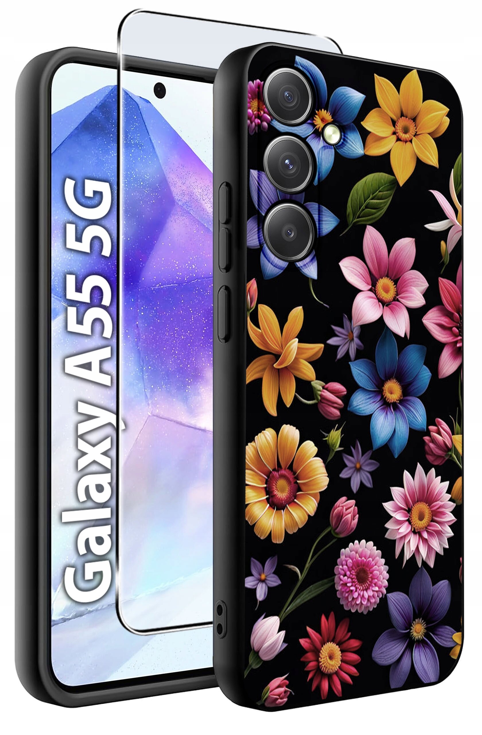 Etui na telefon z kolorowymi kwiatami na czarnym tle oraz szkło hartowane. Widoczny napis: \'Galaxy A55 5G\'.