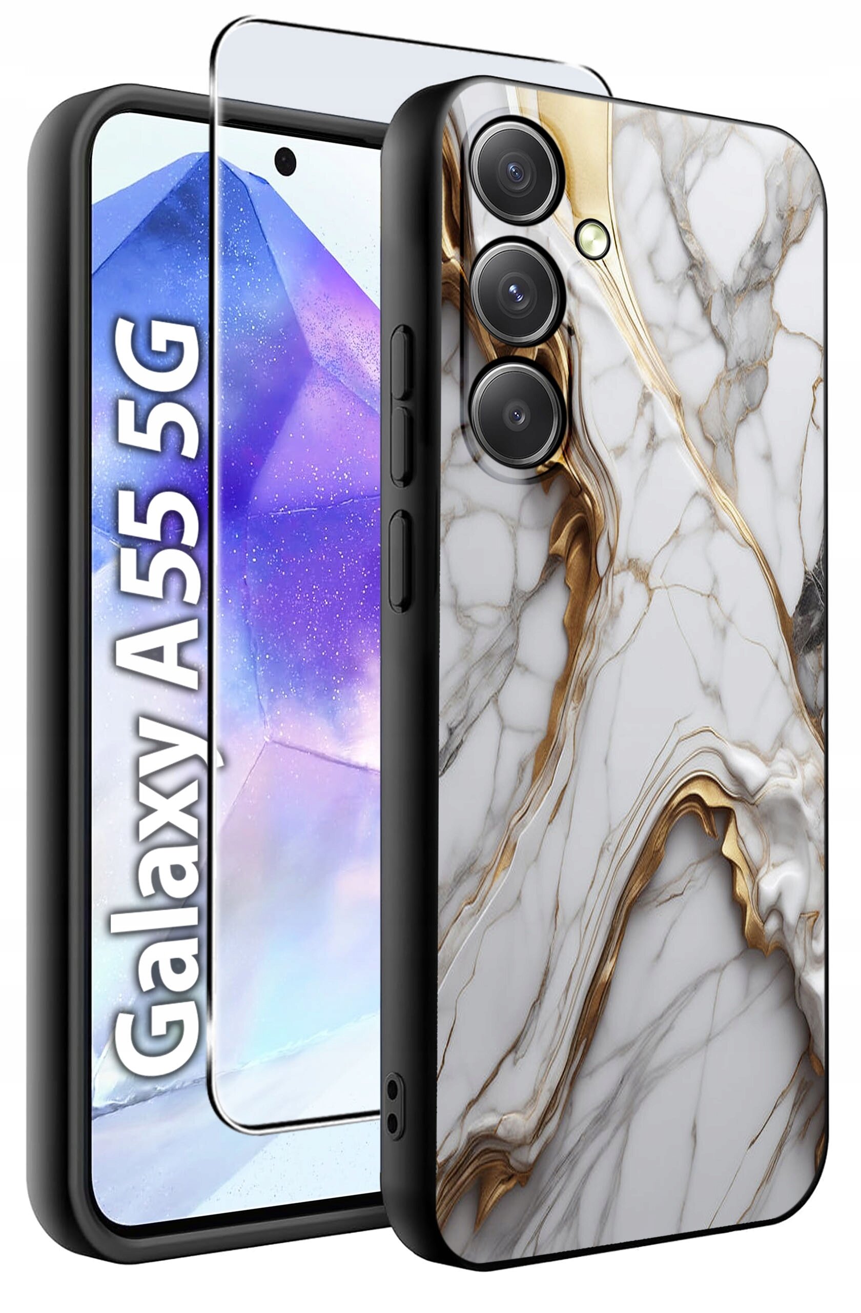 Obraz przedstawia etui na telefon z marmurowym wzorem w kolorach białym i złotym oraz szkło hartowane. Na ekranie telefonu widoczny jest napis \'Galaxy A55 5G\'.