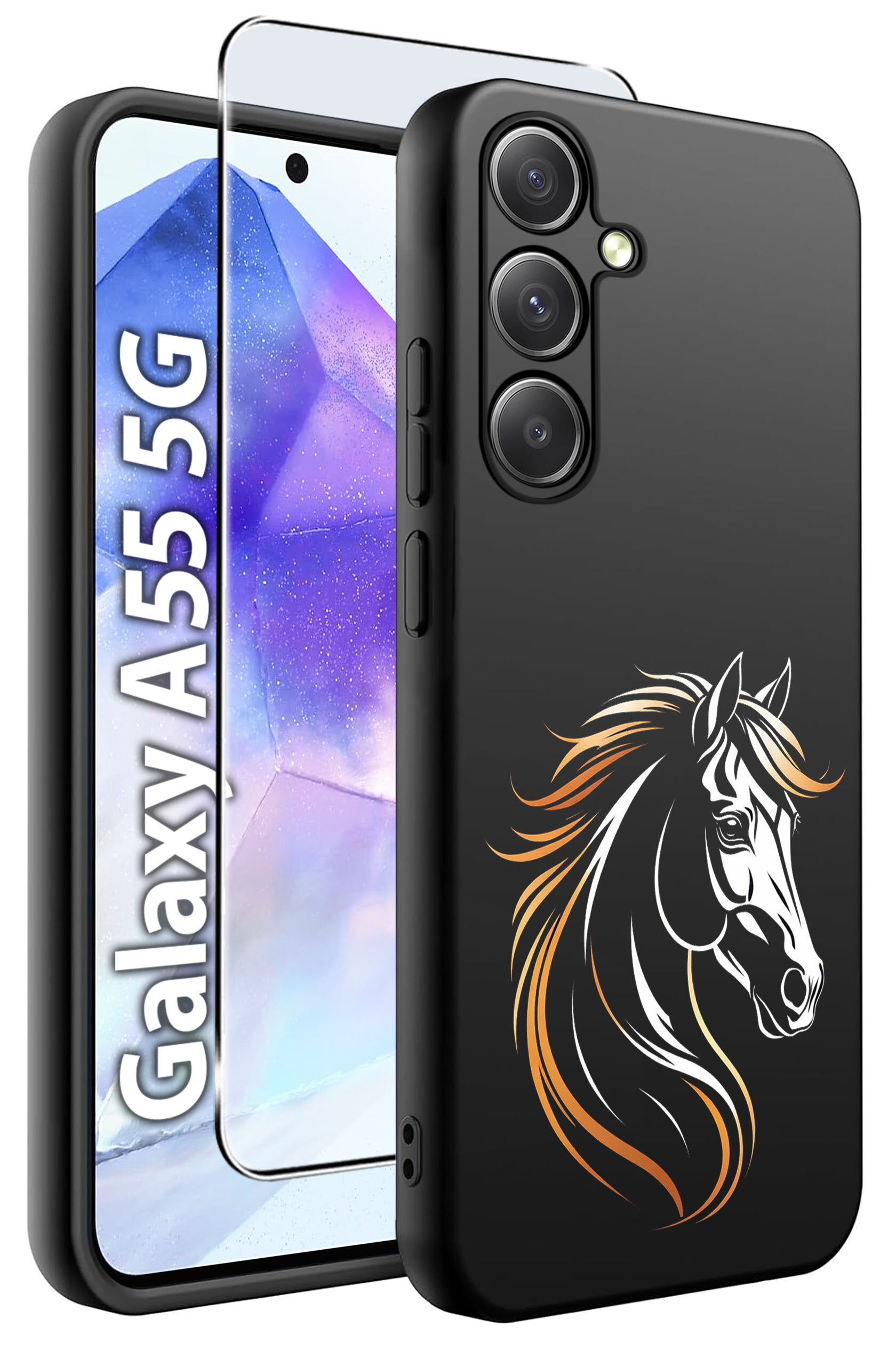 Obraz przedstawia czarne silikonowe etui z grafiką konia oraz szkło hartowane 9H, przeznaczone dla telefonu Galaxy A55 5G. Na ekranie telefonu widoczny jest napis \'Galaxy A55 5G\'.