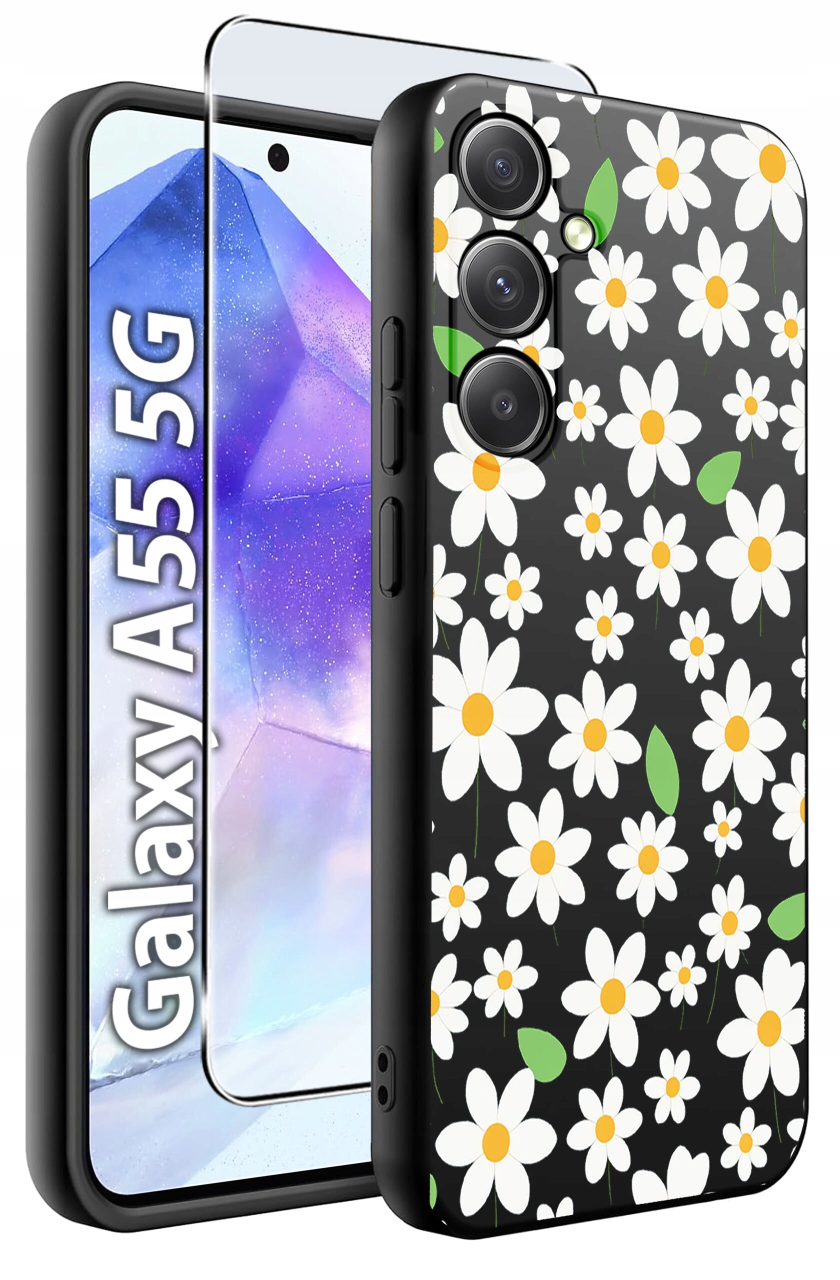 Obraz przedstawia etui na telefon z wzorem białych kwiatów na czarnym tle oraz szkło hartowane. Widoczny jest napis \'Galaxy A55 5G\'.