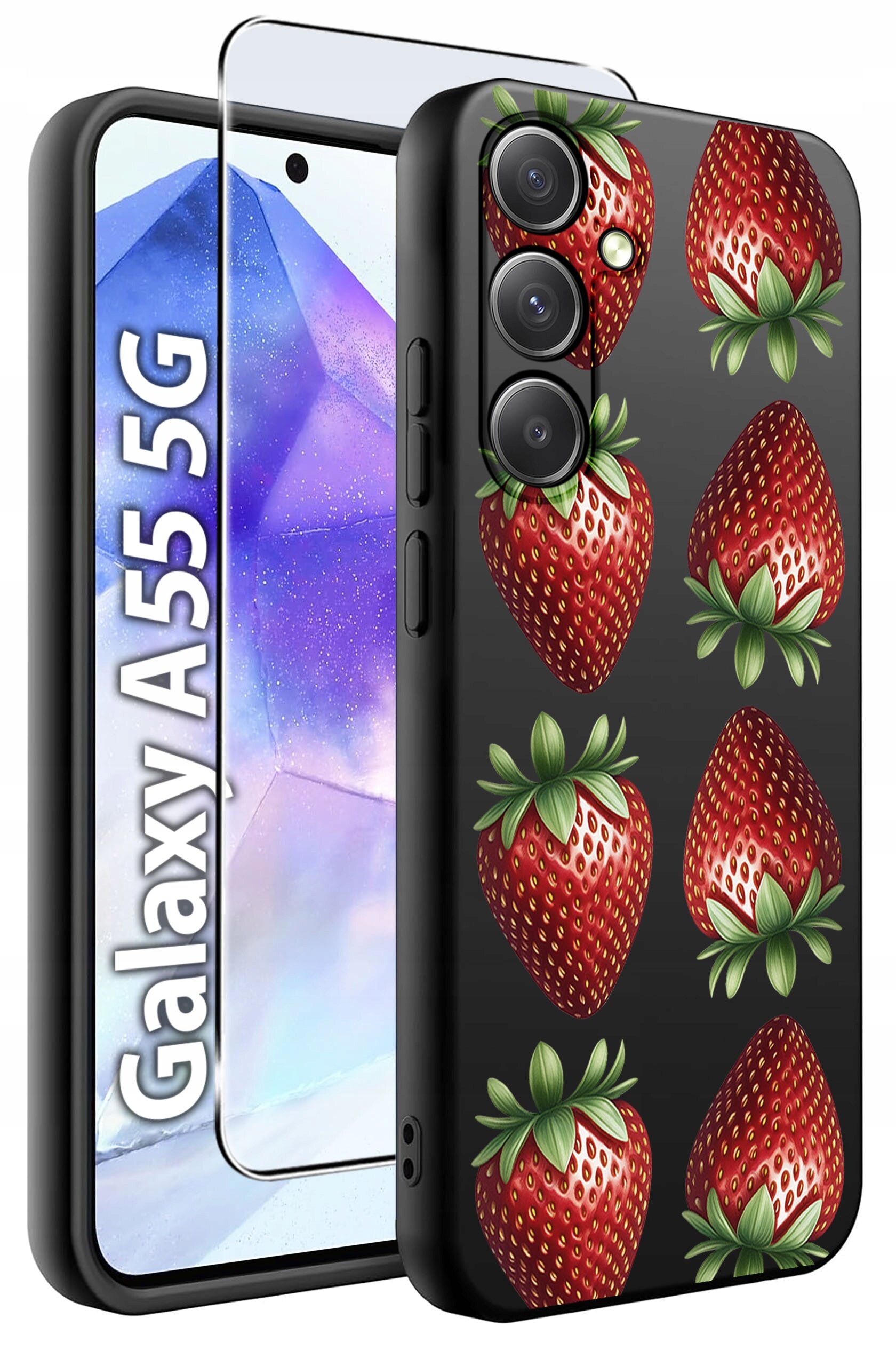 Obraz przedstawia etui na telefon z motywem truskawek oraz szkło hartowane. Na ekranie telefonu widoczny jest napis \'Galaxy A55 5G\'.