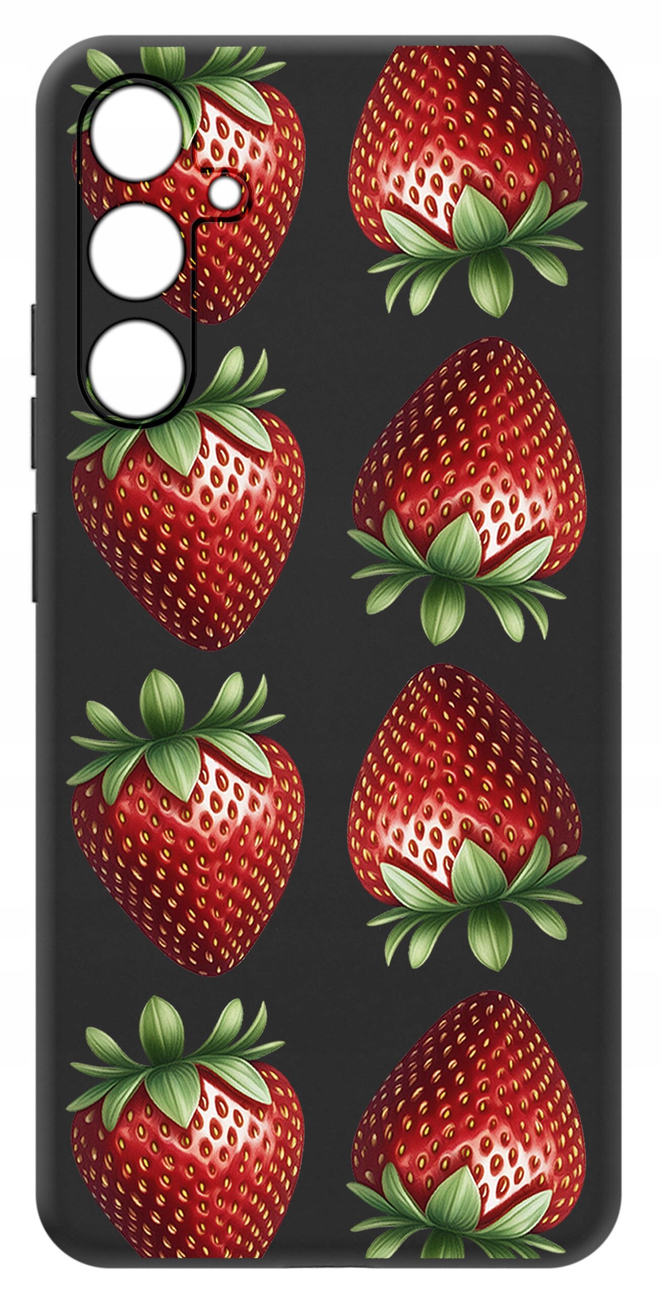 Etui na telefon z wzorem przedstawiającym czerwone truskawki na ciemnym tle. Etui posiada wycięcia na aparat i przyciski.