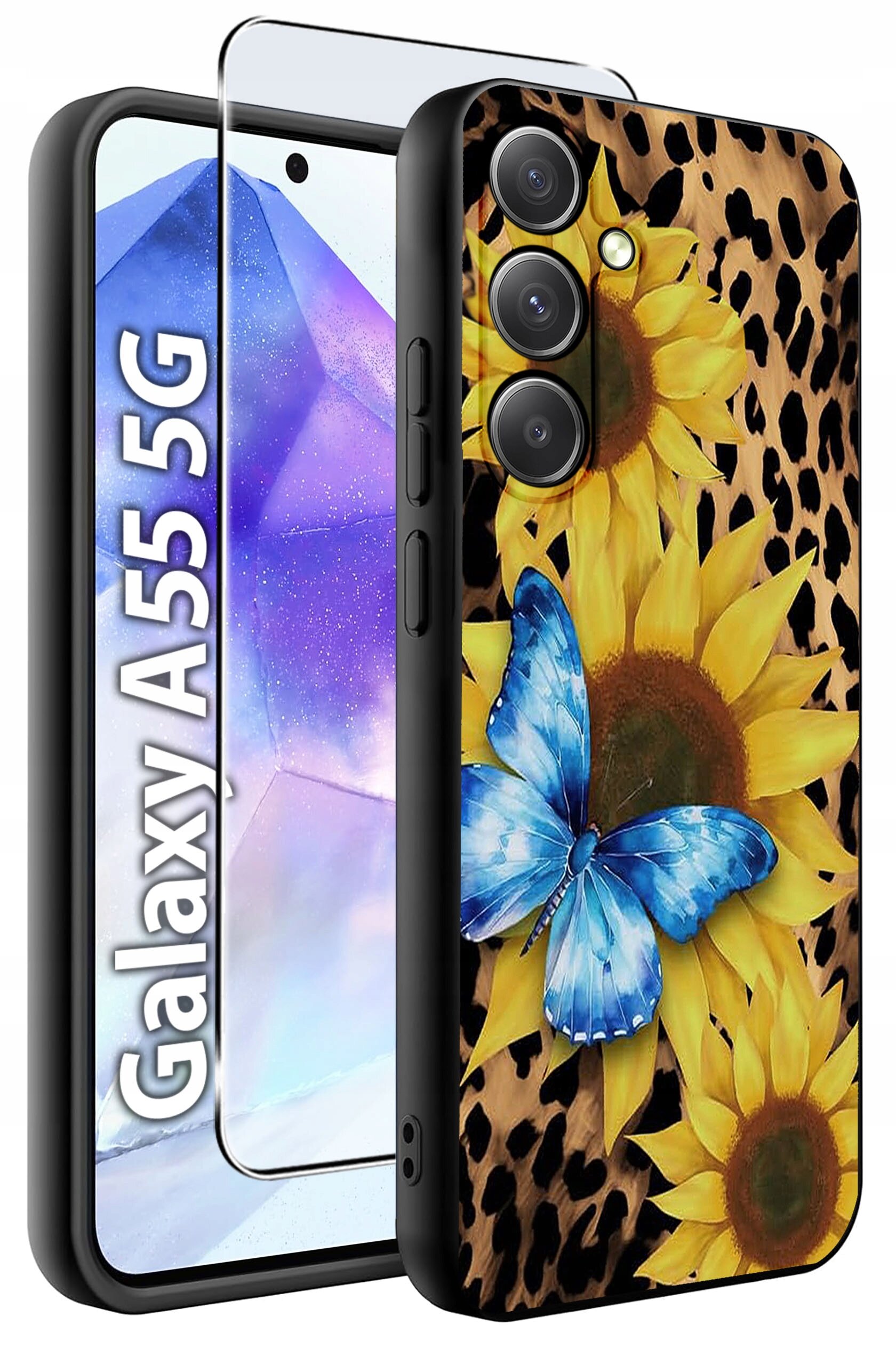 Etui na telefon z motywem słoneczników i niebieskiego motyla na tle w cętki. Obok widoczna jest szybka ochronna oraz napis \'Galaxy A55 5G\'.