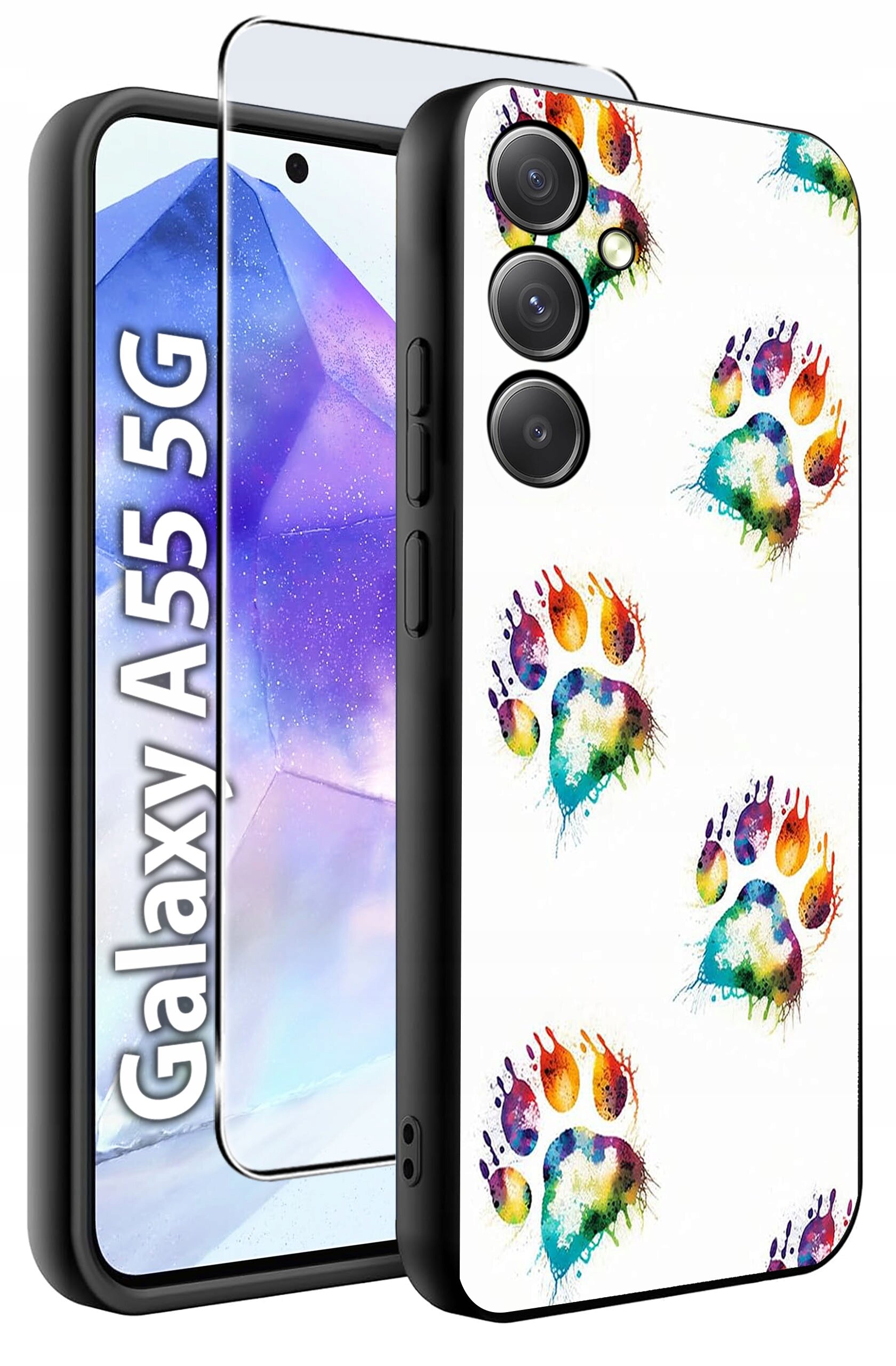 Obraz przedstawia etui na telefon z kolorowymi wzorami łap na białym tle oraz szkło hartowane. Obok widoczny jest napis \'Galaxy A55 5G\'.