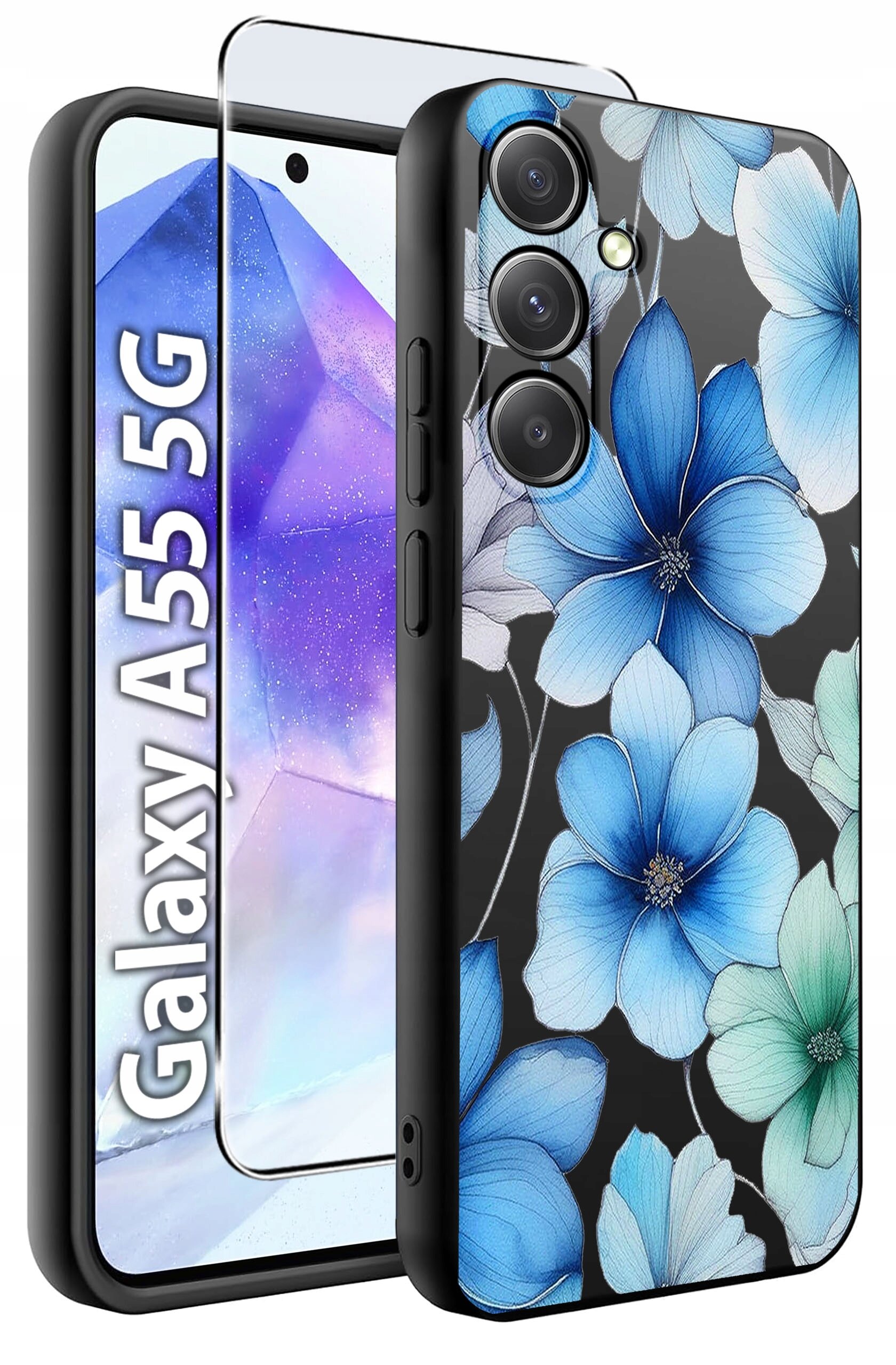 Obraz przedstawia etui na telefon z wzorem niebieskich kwiatów oraz szkło hartowane. Na ekranie telefonu widoczny jest napis \'Galaxy A55 5G\'.