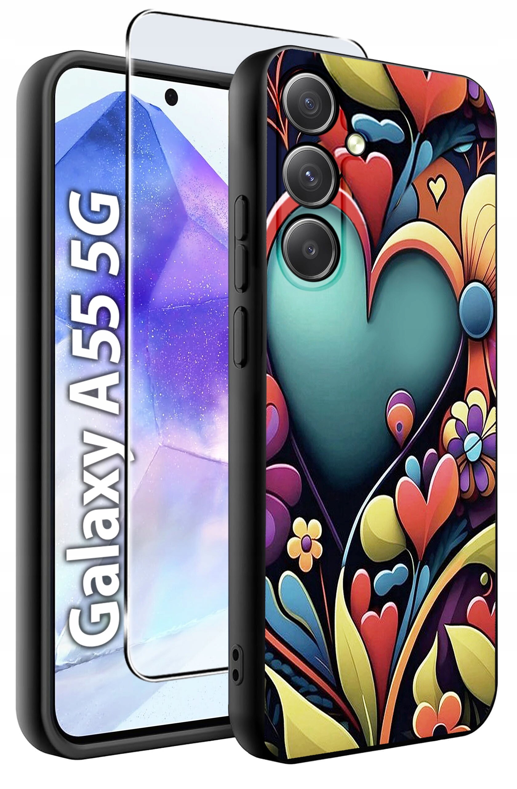 Obraz przedstawia etui na telefon z kolorowym wzorem serc i kwiatów oraz szkło hartowane. Widoczny jest napis \'Galaxy A55 5G\'.