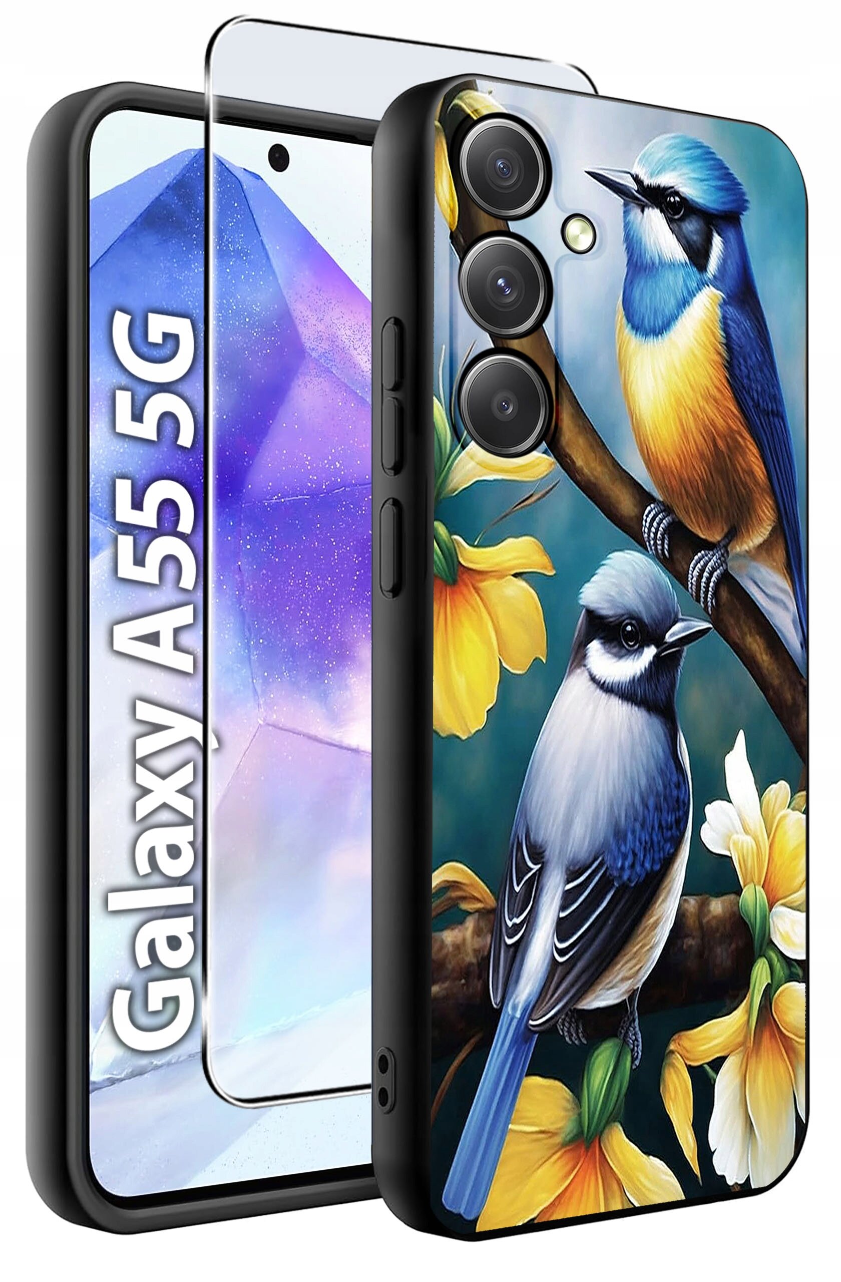 Etui na telefon z kolorowym wzorem ptaków siedzących na gałęzi z żółtymi kwiatami. Obok widoczny jest napis \'Galaxy A55 5G\' oraz szkło hartowane.