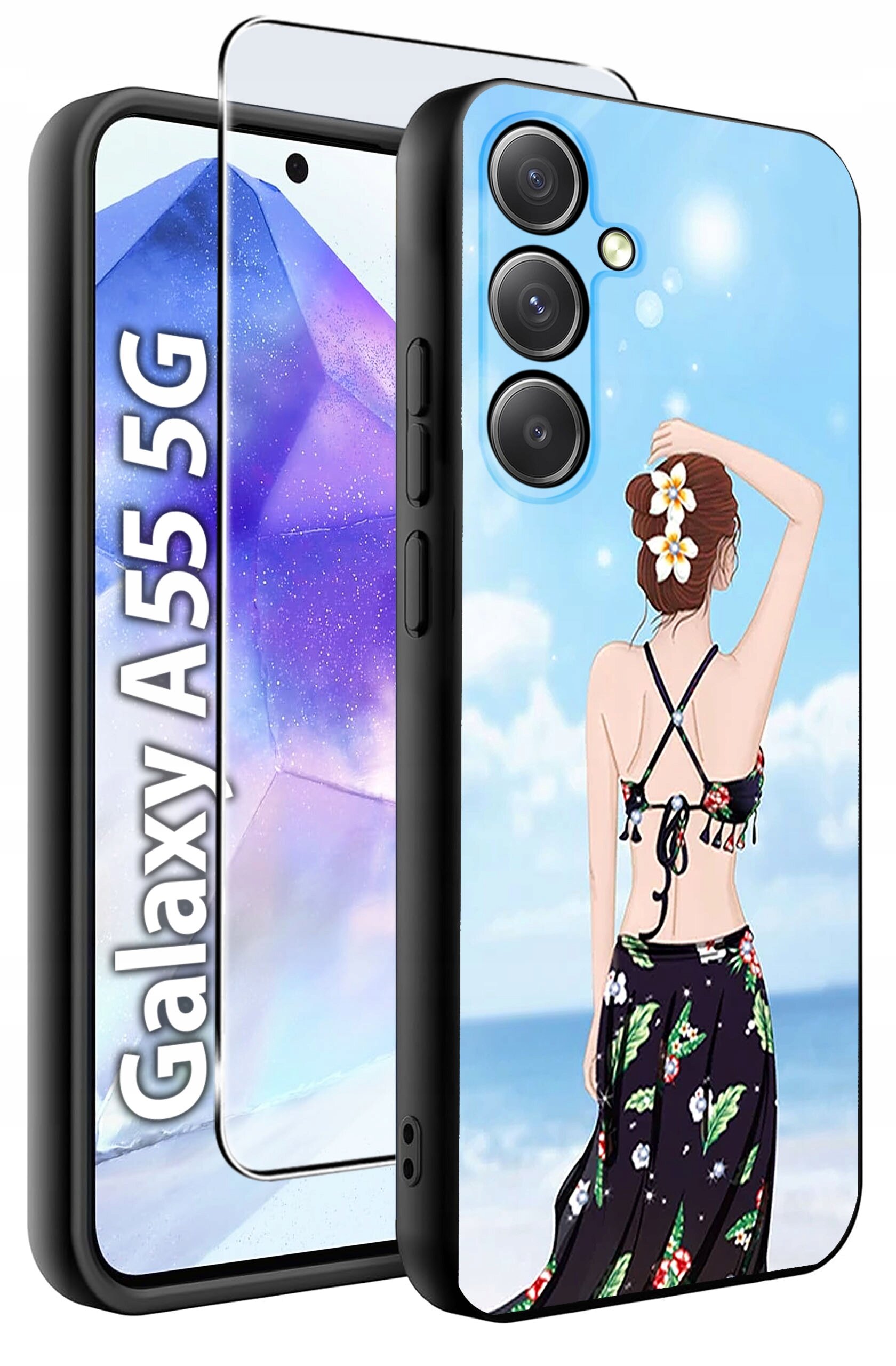 Obraz przedstawia etui na telefon z grafiką kobiety na plaży oraz szkło hartowane. Widoczny jest napis \'Galaxy A55 5G\'.
