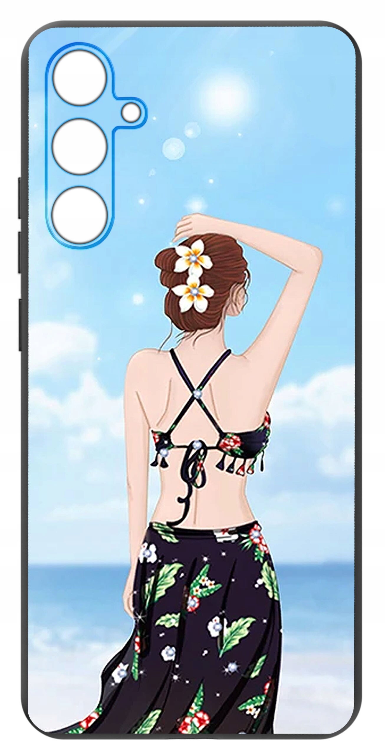Etui na telefon z grafiką przedstawiającą kobietę w stroju plażowym na tle nieba i morza. Kobieta ma upięte włosy z kwiatami i nosi czarny strój z kwiatowym wzorem.