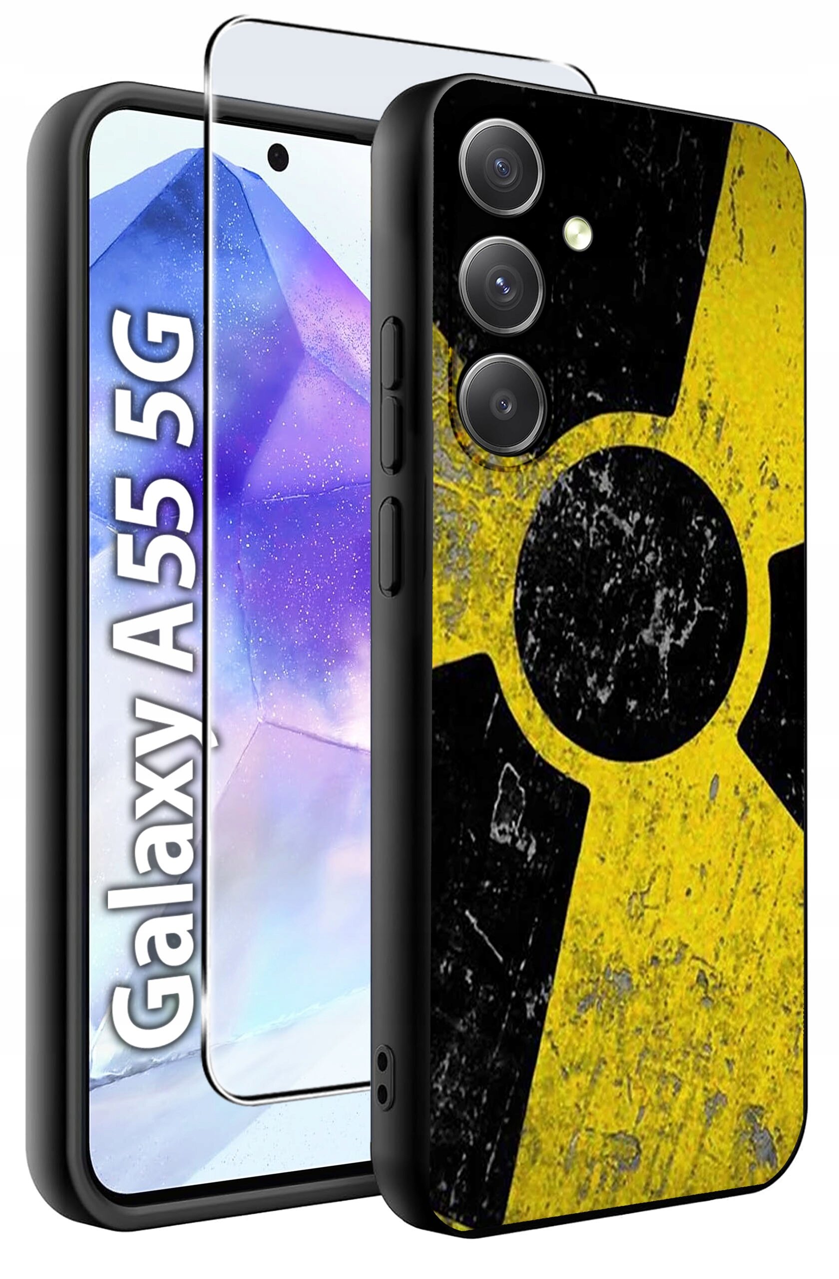 Obraz przedstawia etui na telefon z wzorem przypominającym symbol radioaktywności na żółtym tle oraz szkło hartowane. Widoczny jest napis \'Galaxy A55 5G\'.