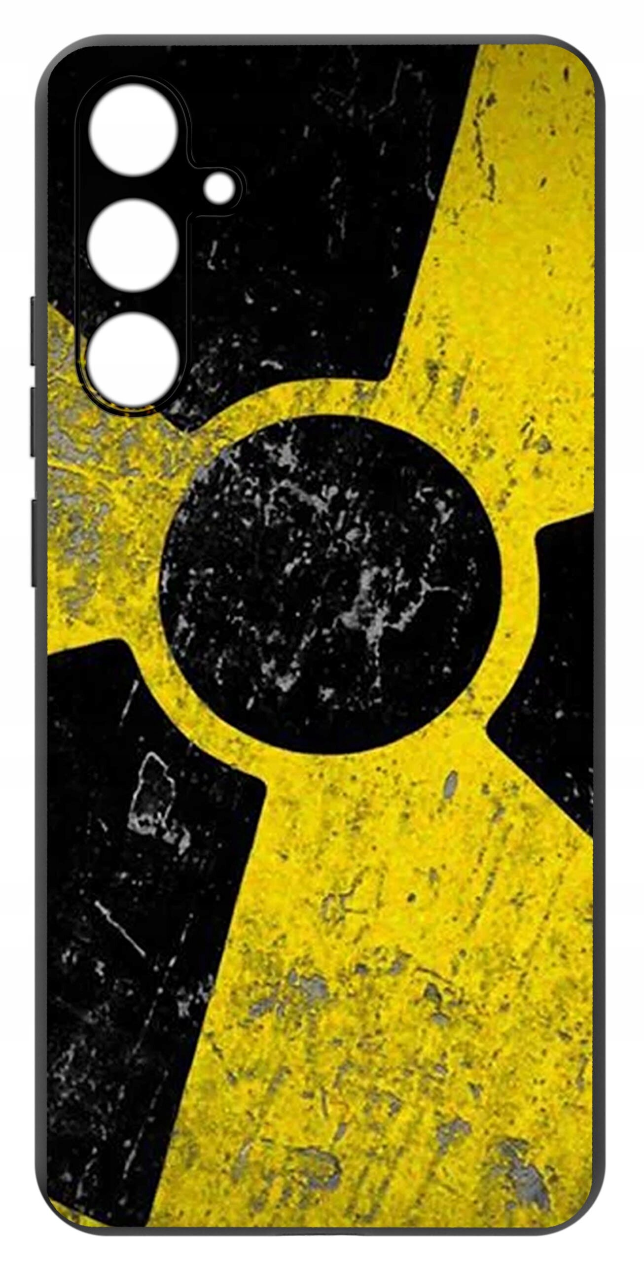 Etui na telefon z wzorem przypominającym symbol radioaktywności w kolorach żółtym i czarnym, z widocznymi otworami na aparat.