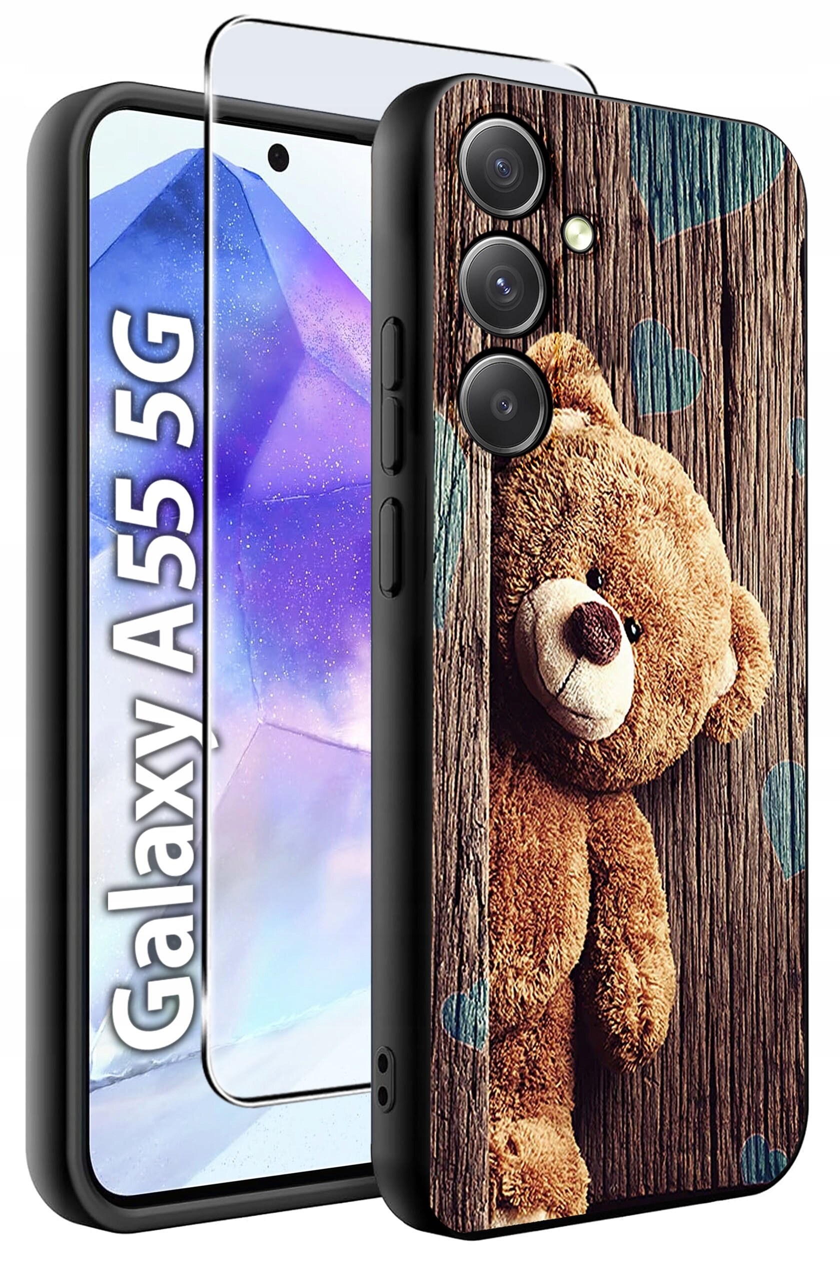 Etui na telefon z nadrukiem misia na tle drewnianej tekstury oraz szkło hartowane. Obok widoczny jest napis \'Galaxy A55 5G\'.