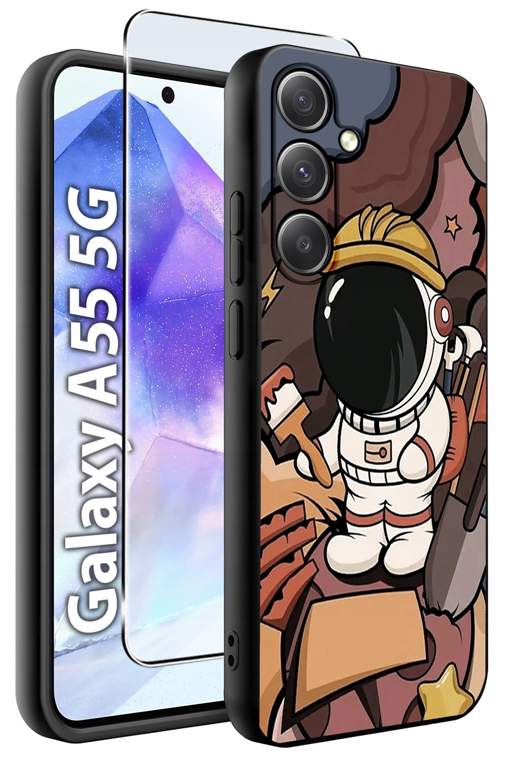 Etui na telefon z grafiką astronauty w kasku i kombinezonie, trzymającego pędzel. Obok widoczny jest napis \'Galaxy A55 5G\' oraz szkło hartowane na ekran.
