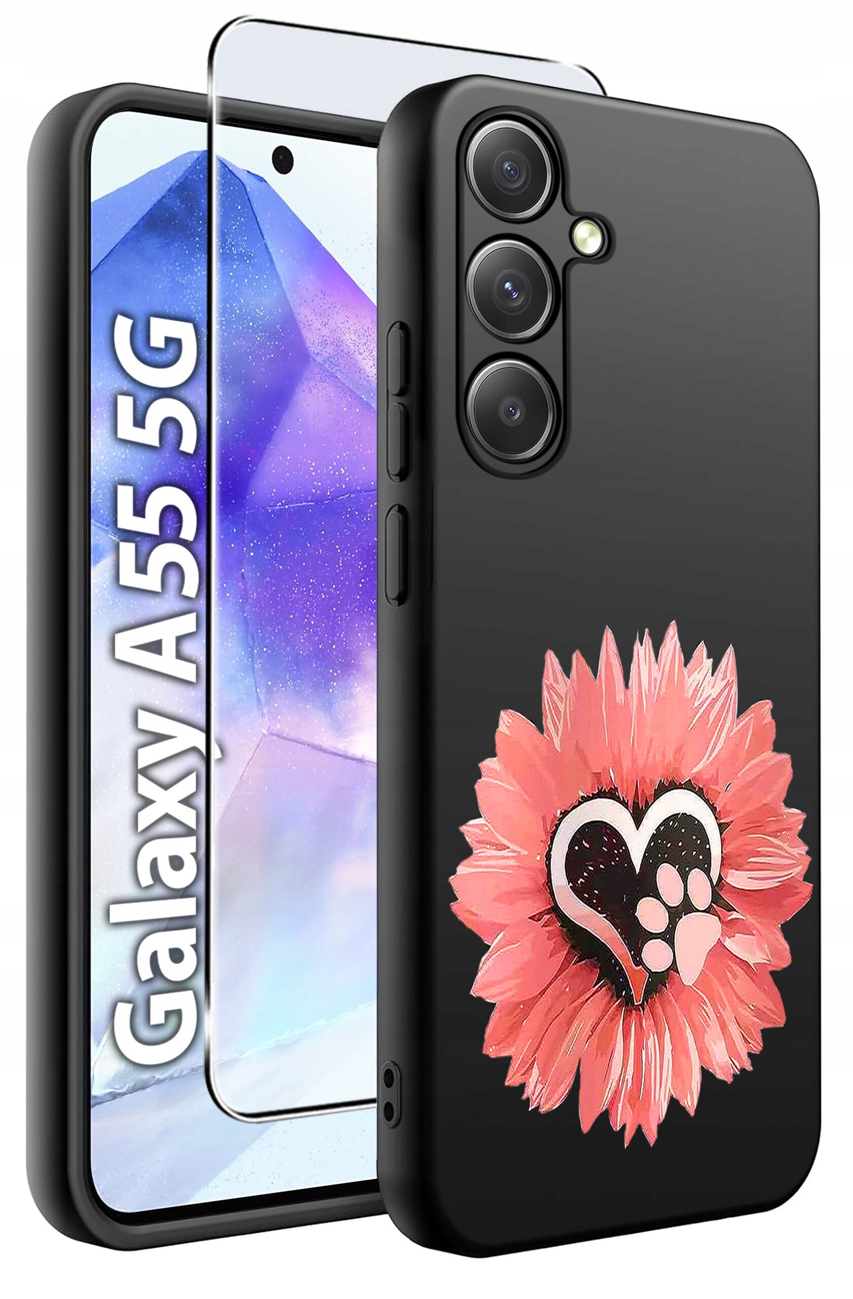 Obraz przedstawia czarne etui na telefon z motywem różowego kwiatu i serca z odciskiem łapy. Obok etui widoczny jest telefon z napisem \'Galaxy A55 5G\' oraz szkło hartowane.