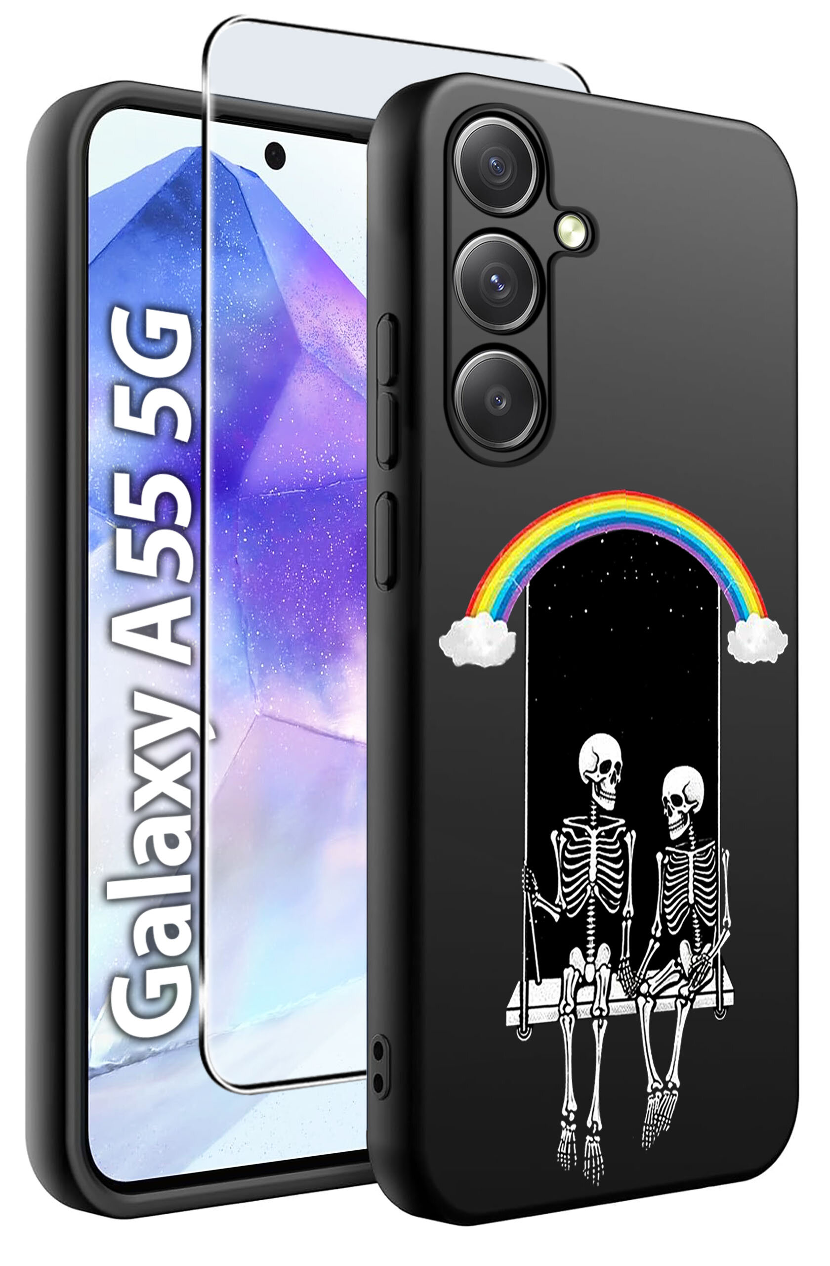 Czarne etui na telefon z nadrukiem dwóch szkieletów siedzących na huśtawce pod tęczą. Obok widoczna jest szybka ochronna oraz napis \'Galaxy A55 5G\'.