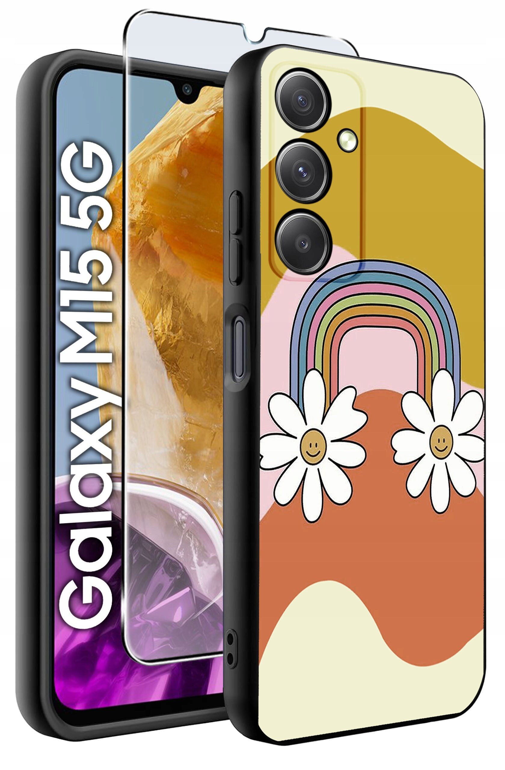 Obraz przedstawia etui na telefon z kolorowym wzorem tęczy i kwiatów oraz szkło hartowane. Obok widoczny jest napis \'Galaxy M15 5G\'.