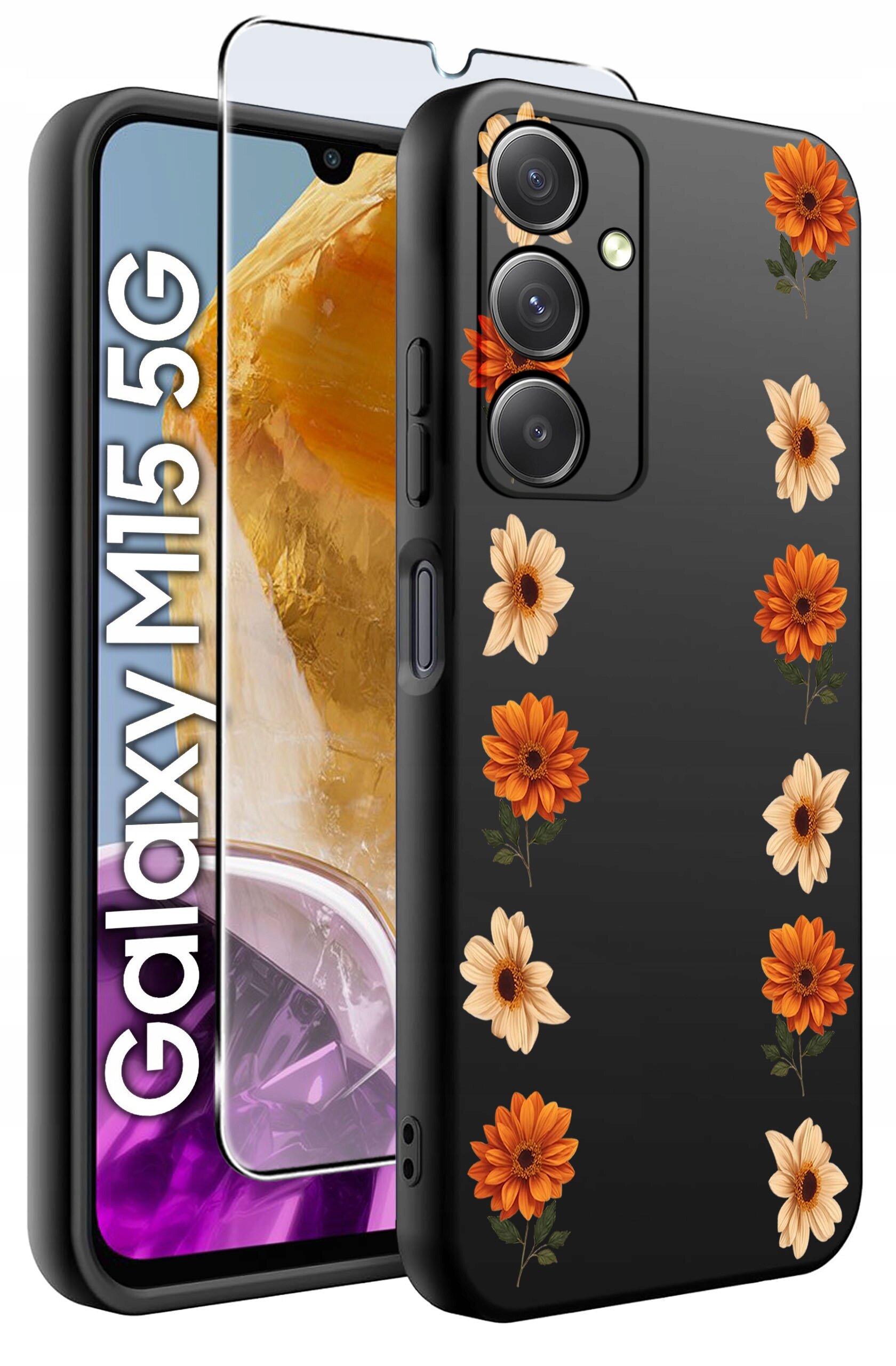 Obraz przedstawia czarne etui na telefon z wzorem kwiatów w kolorach pomarańczowym i kremowym. Obok etui widoczny jest telefon z napisem \'Galaxy M15 5G\' oraz szkło hartowane.