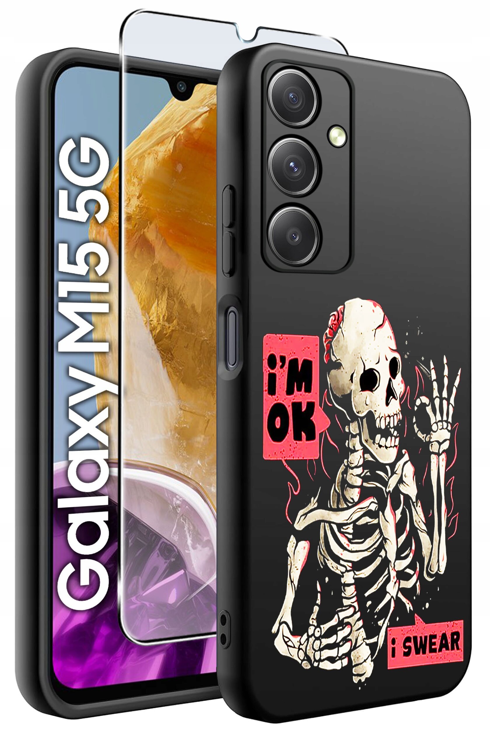 Obraz przedstawia czarne etui na telefon z nadrukiem szkieletu oraz napisami \'i\'m OK\' i \'i SWEAR\'. Obok etui widoczny jest telefon z napisem \'Galaxy M15 5G\' oraz szkło hartowane.
