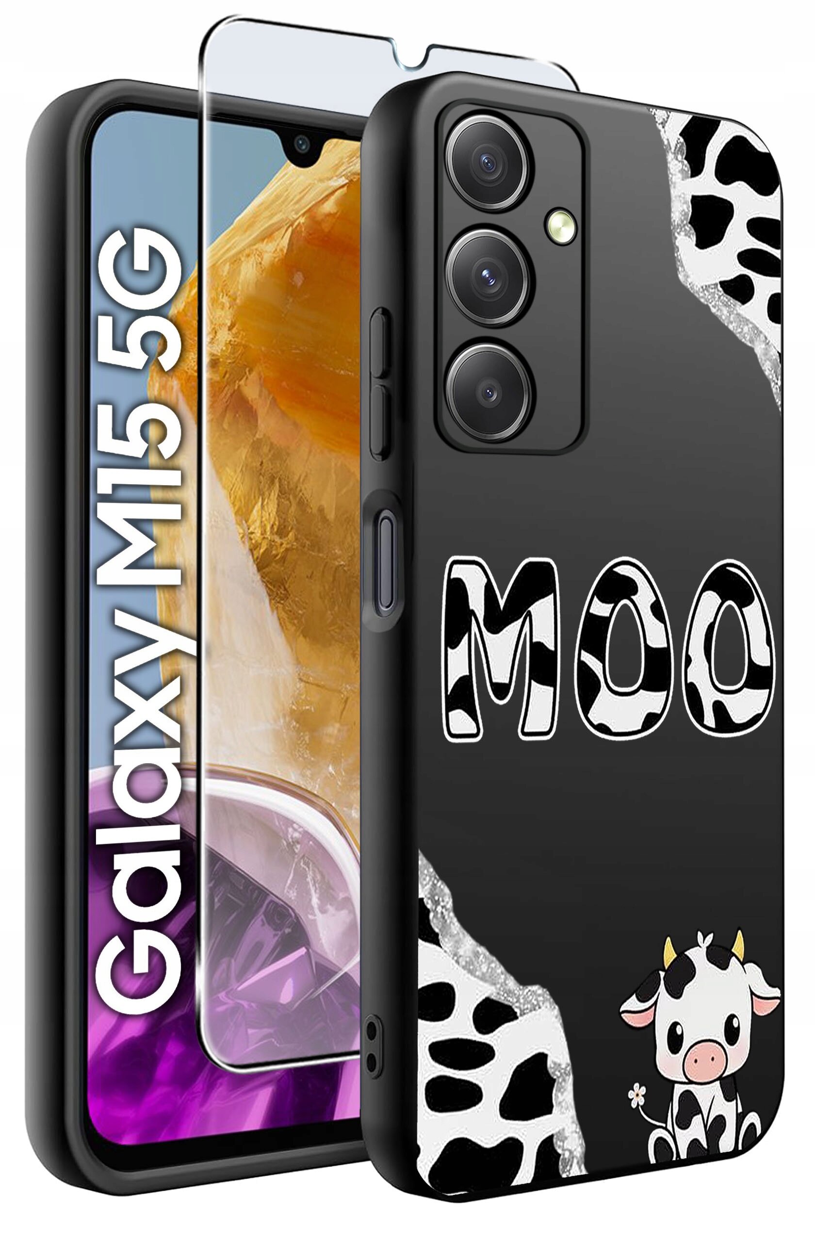 Obraz przedstawia etui na telefon z napisem \'MOO\' i wzorem przypominającym krowie łaty. Obok etui znajduje się szkło hartowane, a na ekranie telefonu widoczny jest napis \'Galaxy M15 5G\'.
