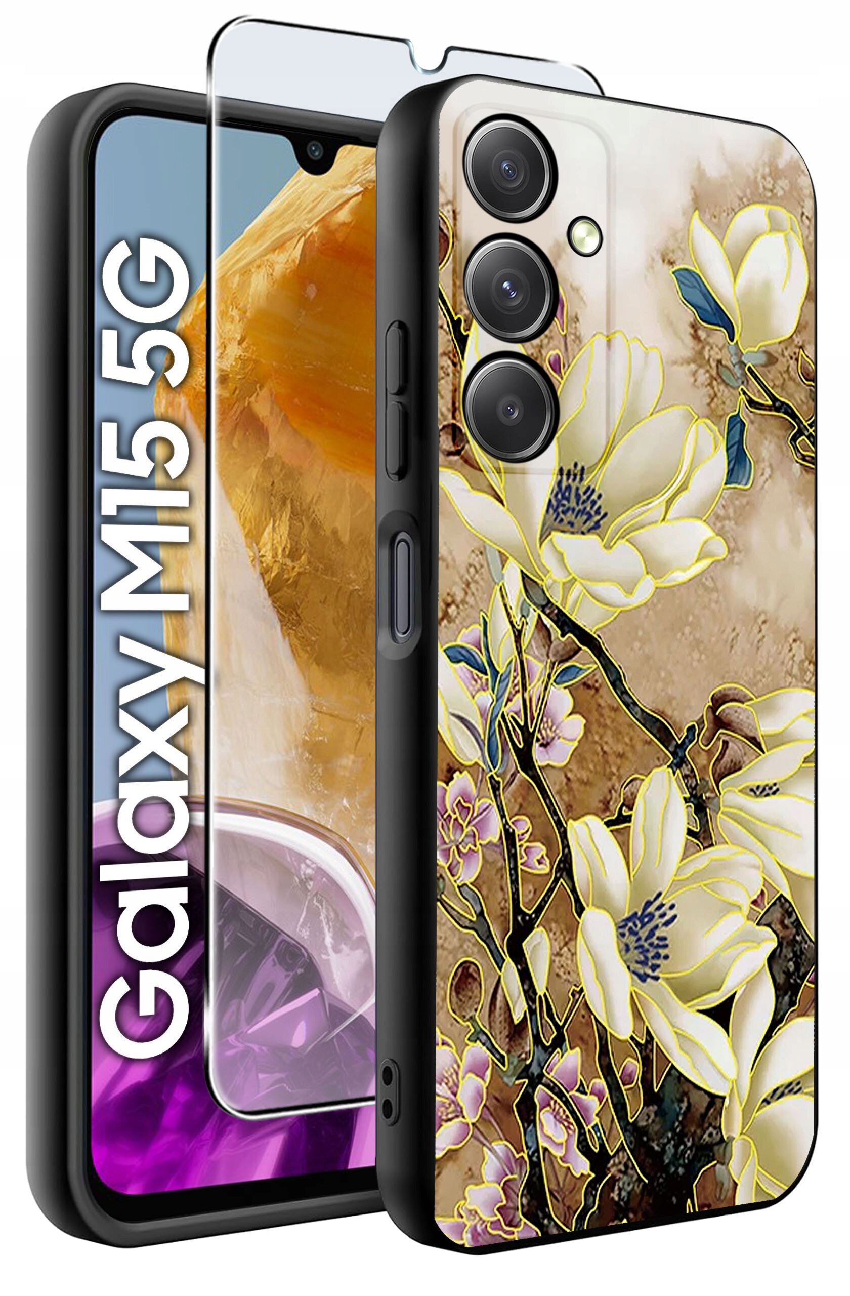 Obraz przedstawia etui na telefon z kwiatowym wzorem oraz szkło hartowane. Widoczny jest napis \'Galaxy M15 5G\'.