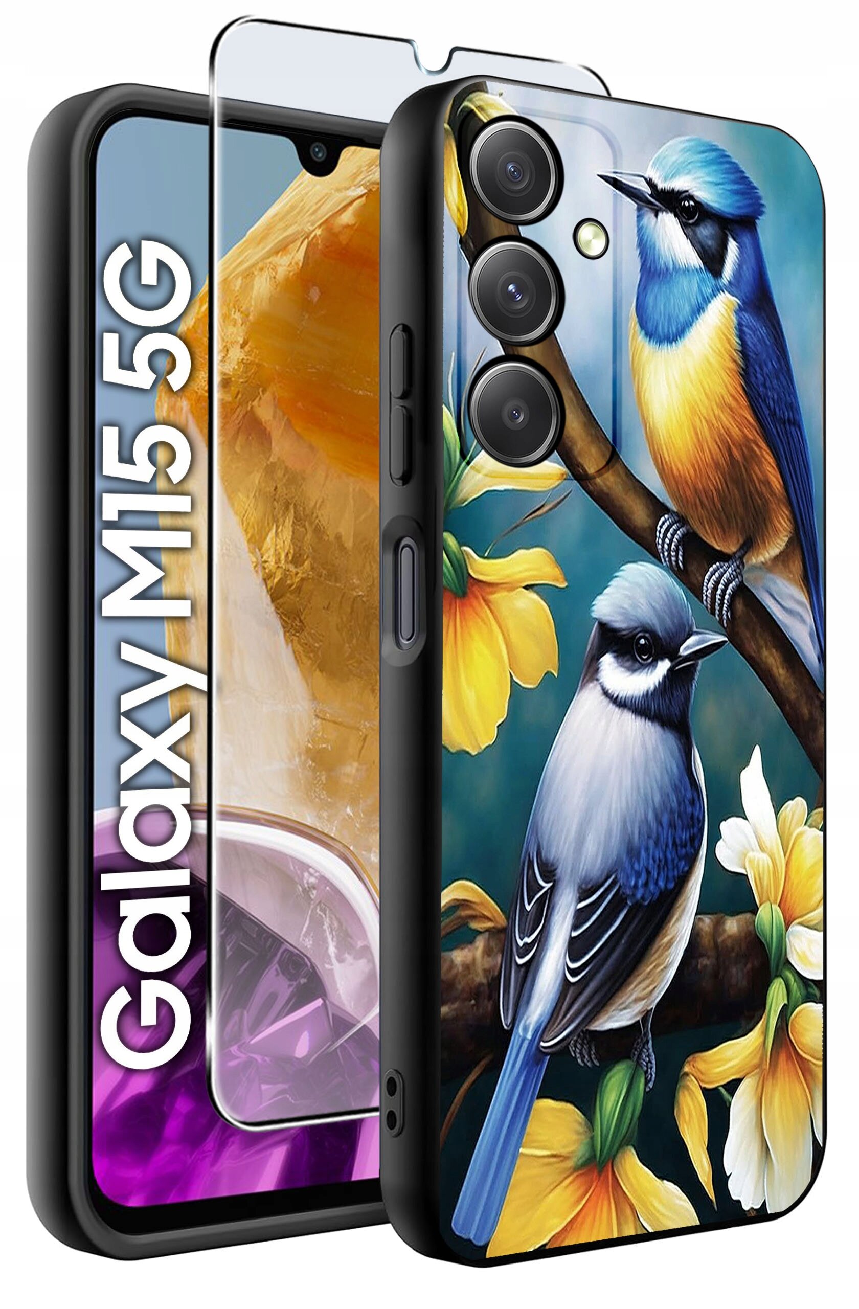 Etui na telefon z kolorowym wzorem przedstawiającym dwa ptaki siedzące na gałęzi wśród kwiatów. Obok widoczny jest napis \'Galaxy M15 5G\' oraz szkło hartowane na ekran.