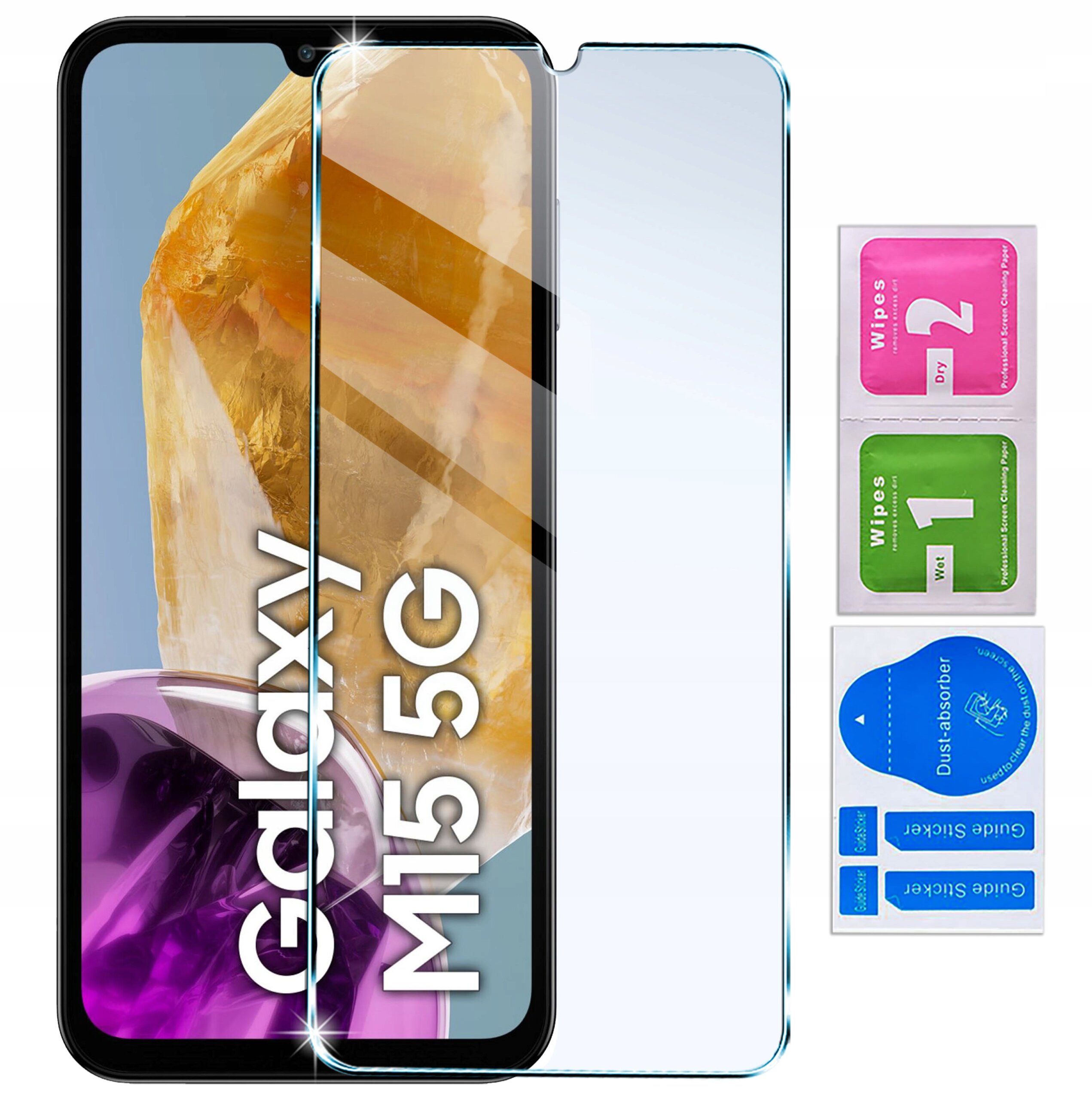 Obraz przedstawia telefon z napisem \'Galaxy M15 5G\' oraz szkło ochronne na ekranie. Obok znajdują się trzy saszetki z napisami: \'Wipes 2 Dry\', \'Wipes 1 Wet\' i \'Dust absorber\'.