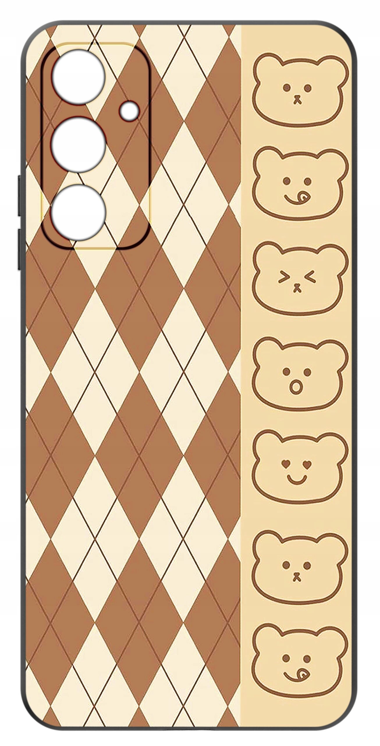 Etui na telefon z wzorem w romby w kolorach brązowym i kremowym oraz rzędem rysunków misiów po prawej stronie.