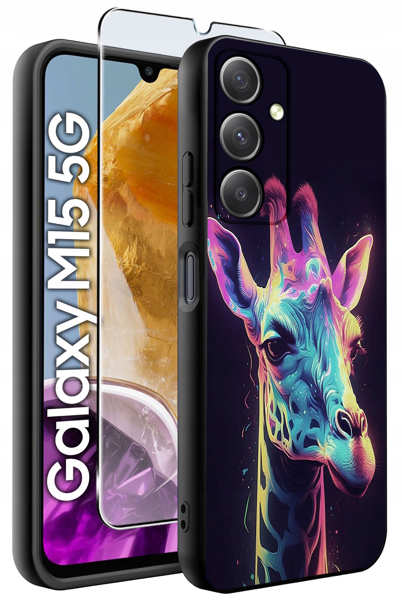 Obraz przedstawia etui na telefon z kolorowym wzorem żyrafy oraz szkło hartowane. Na ekranie telefonu widoczny jest napis \'Galaxy M15 5G\'.