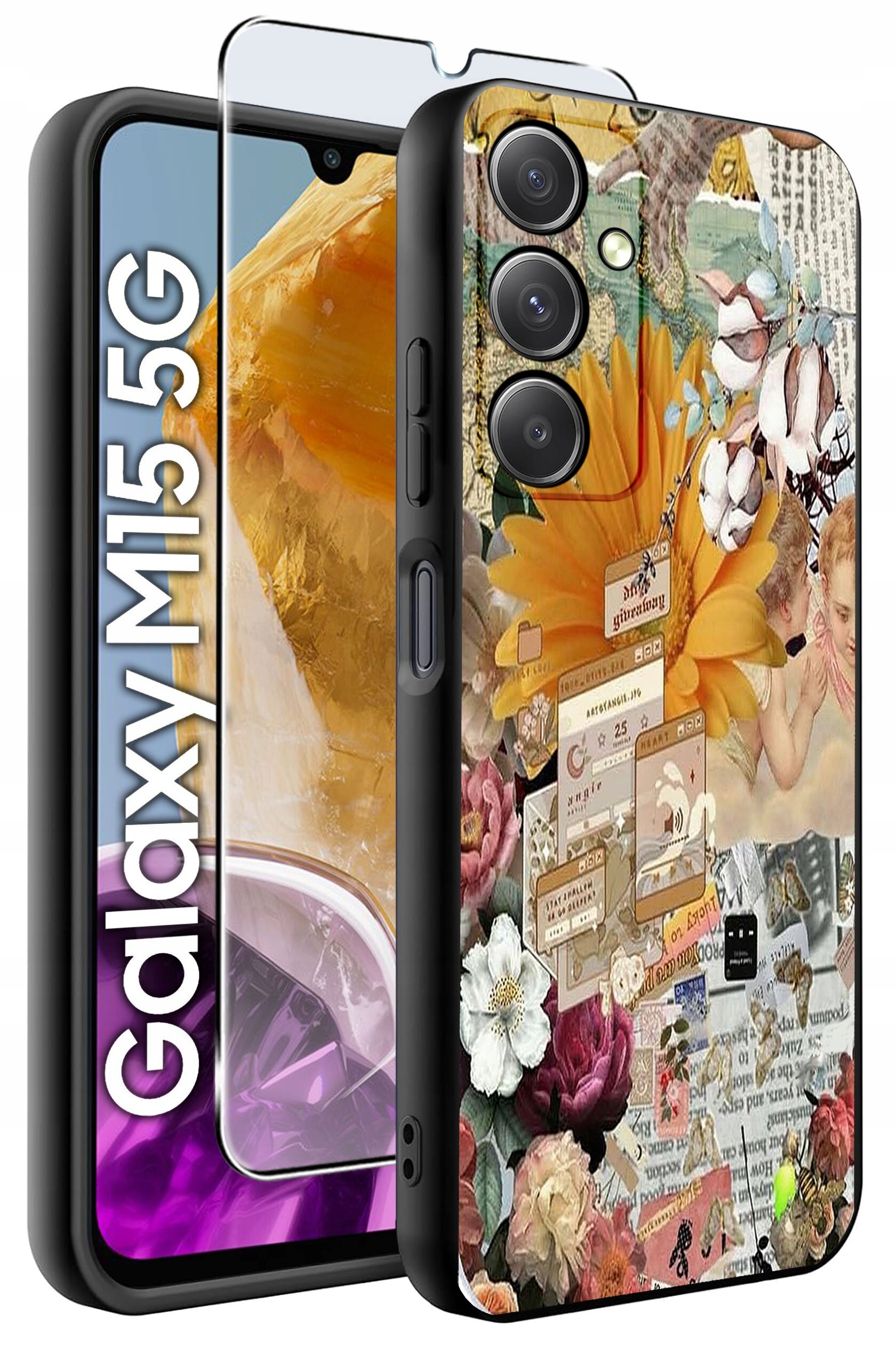 Obraz przedstawia etui na telefon z kolorowym, kwiatowym wzorem oraz szkło hartowane. Na ekranie telefonu widoczny jest napis \'Galaxy M15 5G\'.