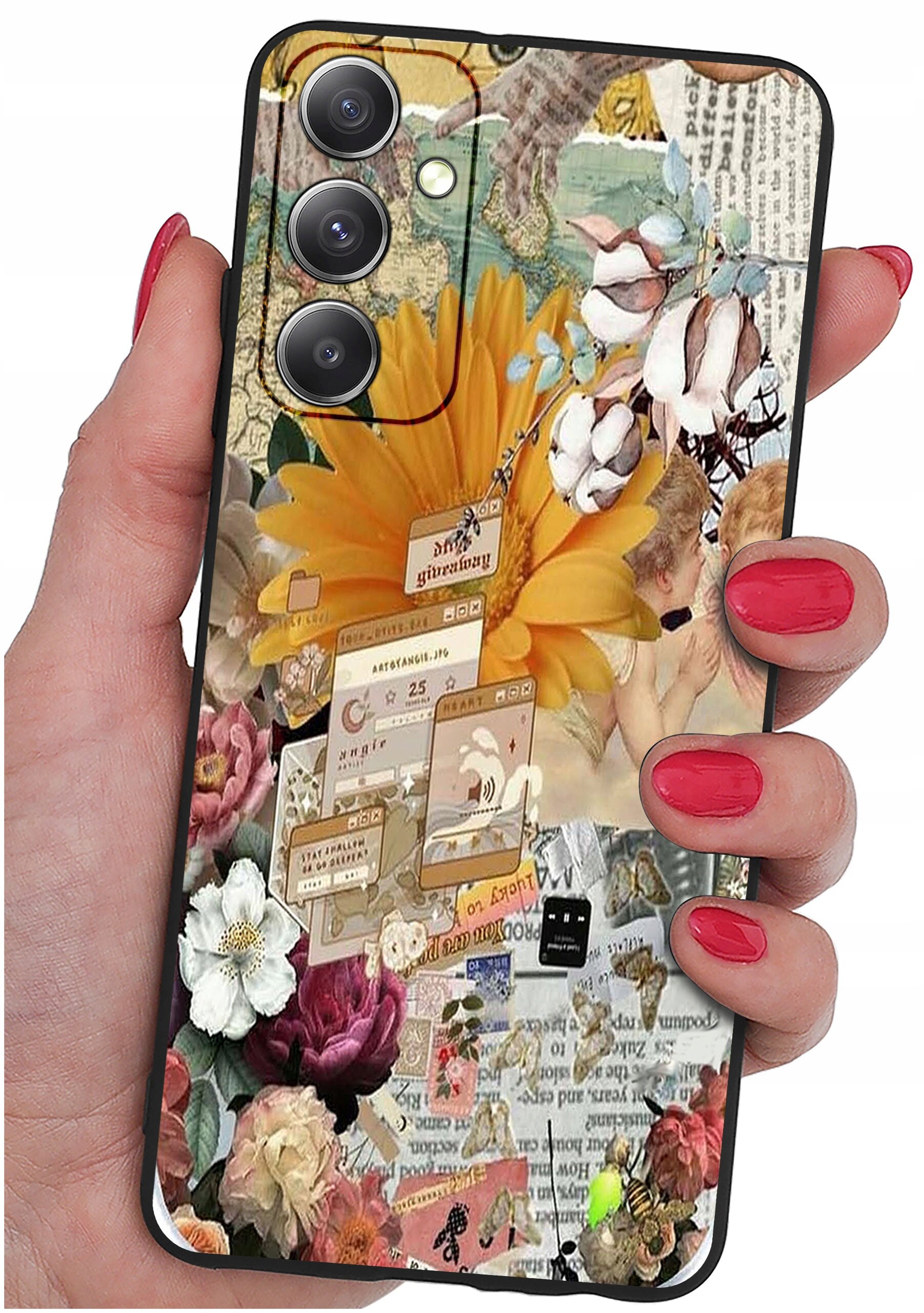 Etui na telefon z kolorowym, kolażowym wzorem przedstawiającym kwiaty, elementy graficzne i fragmenty tekstu. Widoczne są trzy obiekty przypominające obiektywy aparatu.