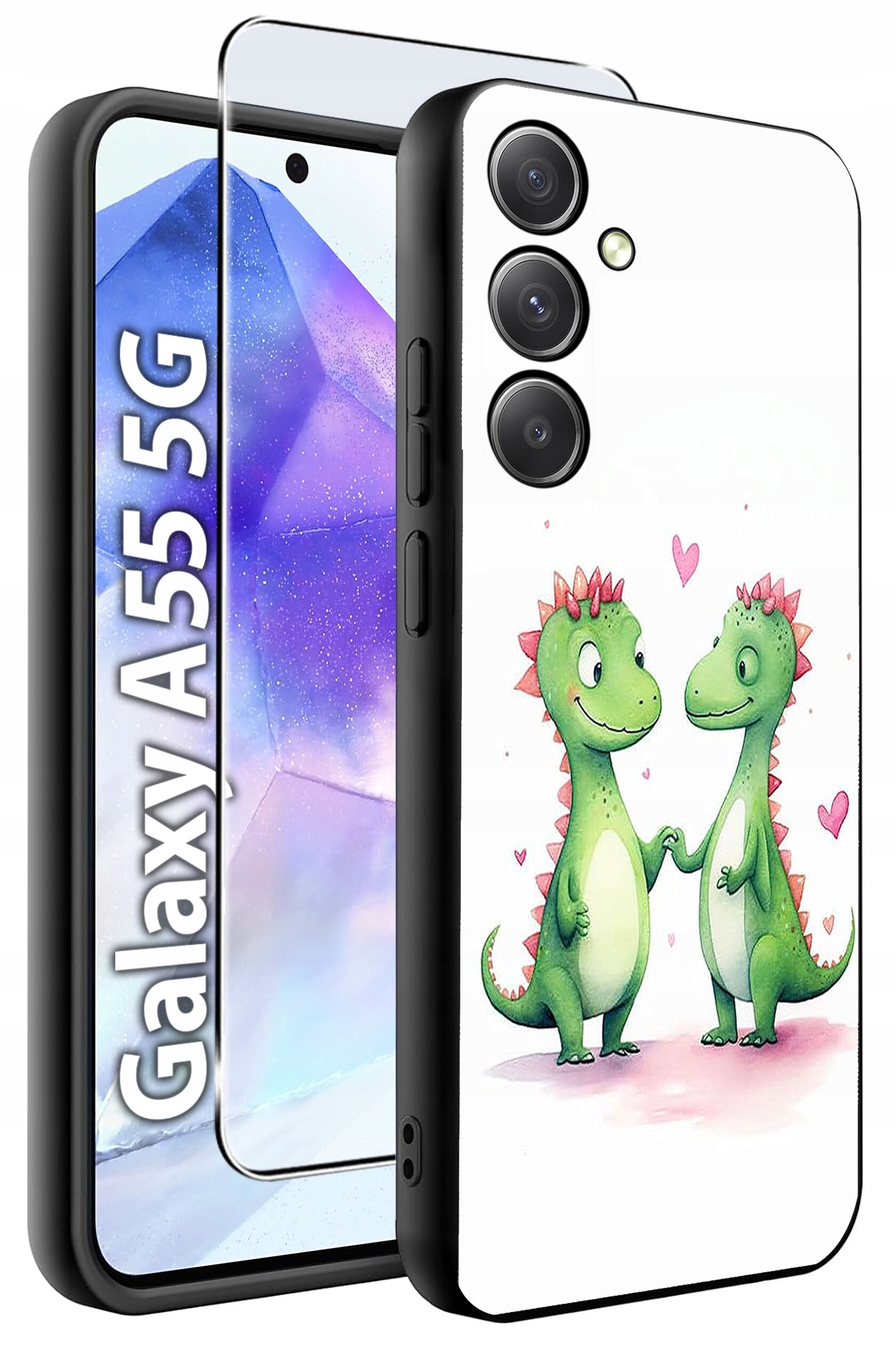 Obraz przedstawia etui na telefon z grafiką dwóch zielonych dinozaurów trzymających się za ręce, otoczonych różowymi serduszkami. Obok etui widoczny jest napis \'Galaxy A55 5G\' oraz szkło hartowane.