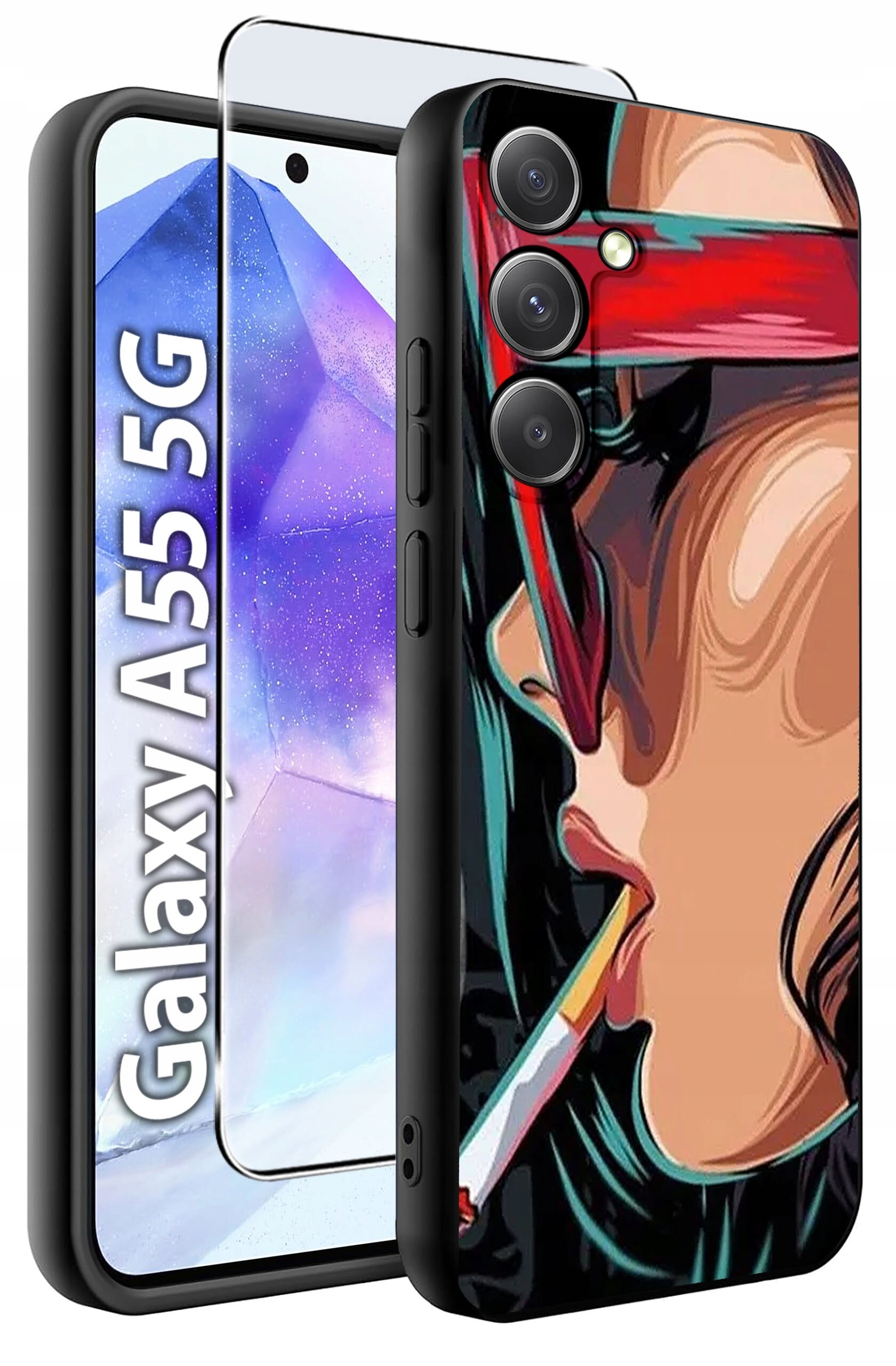Obraz przedstawia etui na telefon z kolorowym wzorem przedstawiającym osobę w okularach i z papierosem. Obok widoczny jest napis \'Galaxy A55 5G\' oraz szkło hartowane na ekran.
