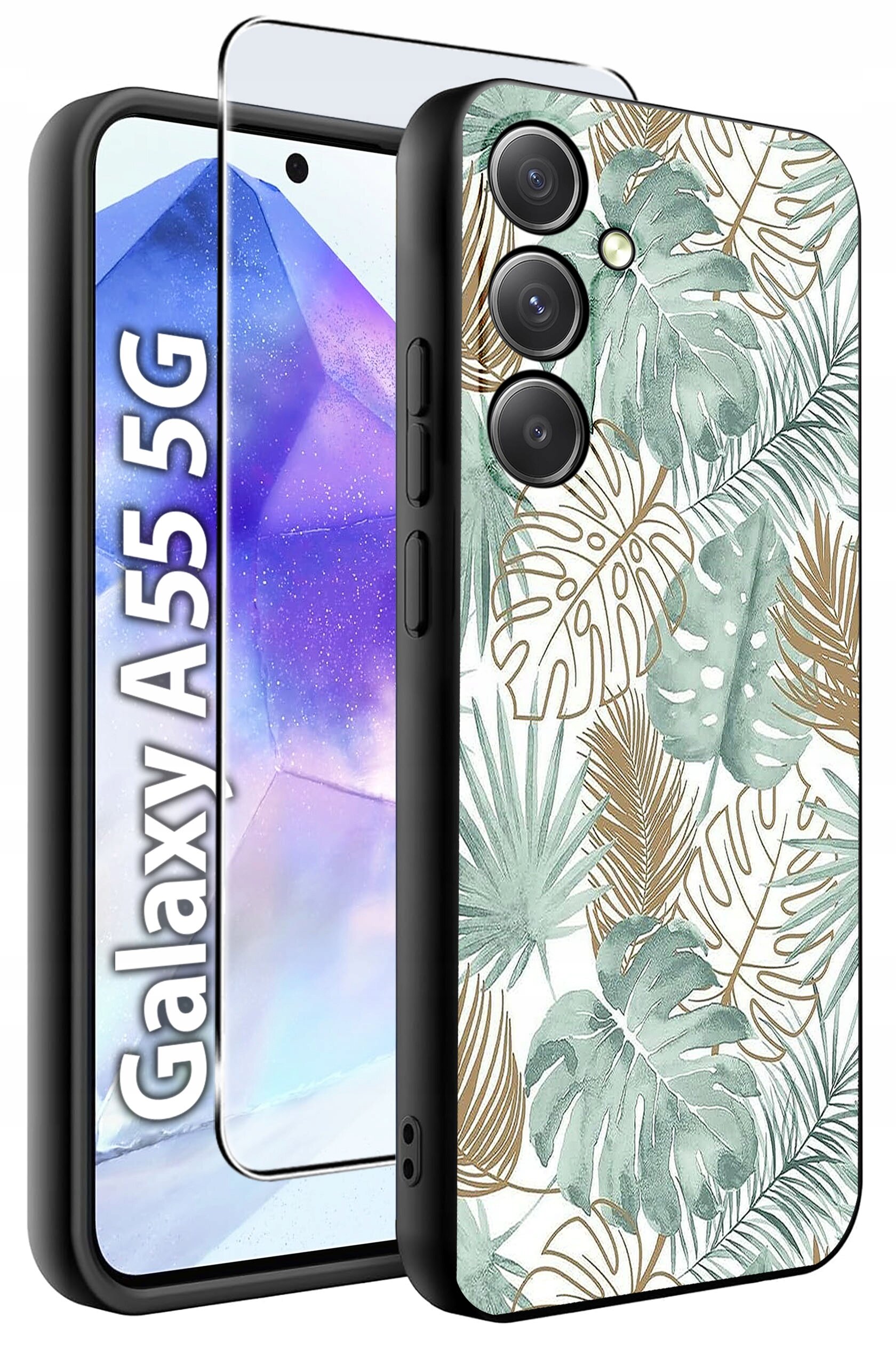 Etui na telefon z wzorem liści w odcieniach zieleni i brązu, obok którego znajduje się szkło hartowane. Widoczny napis: \'Galaxy A55 5G\'.
