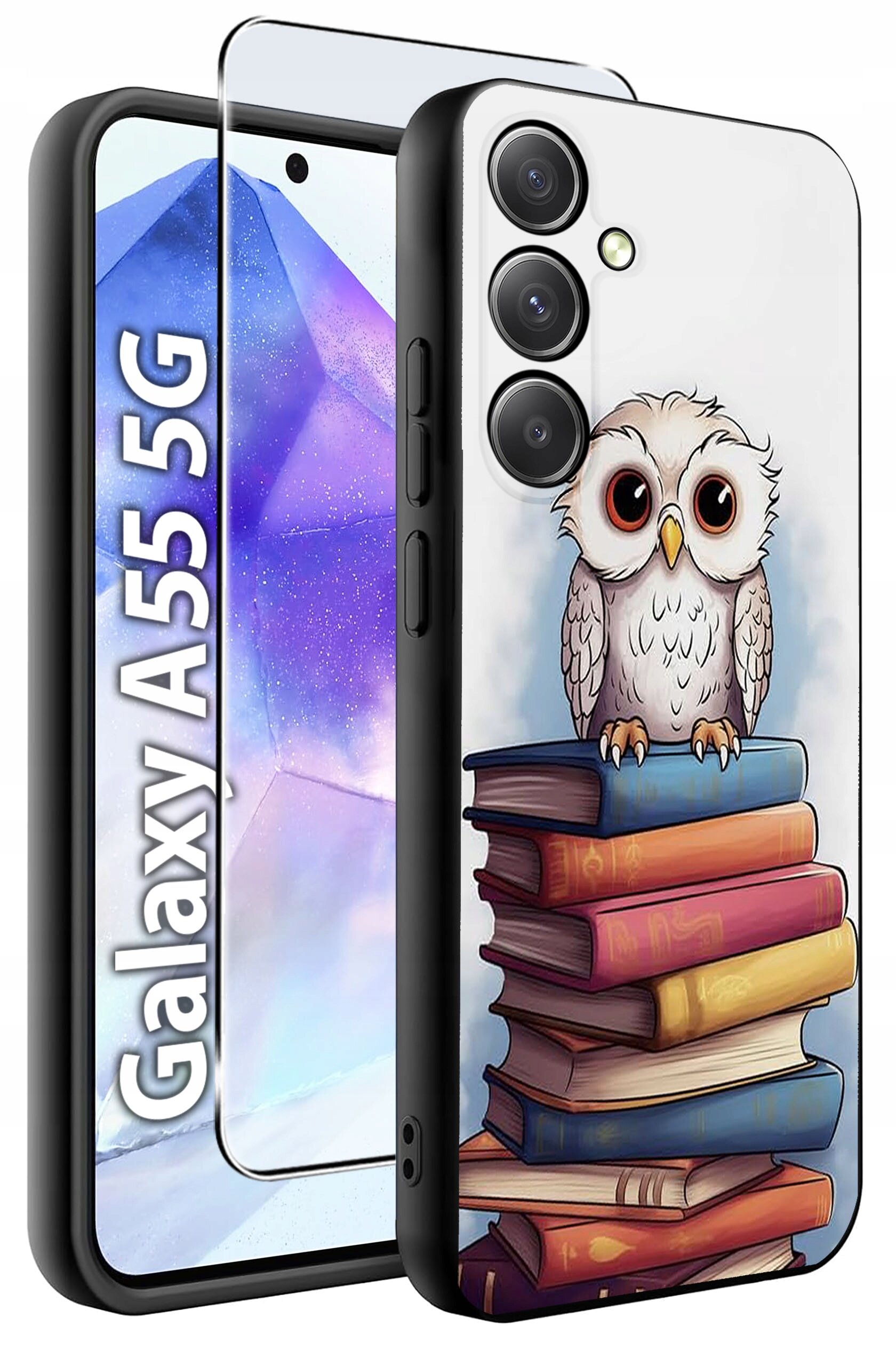 Etui na telefon z nadrukiem sowy siedzącej na stosie książek. Obok widoczna jest szybka ochronna oraz napis \'Galaxy A55 5G\'.