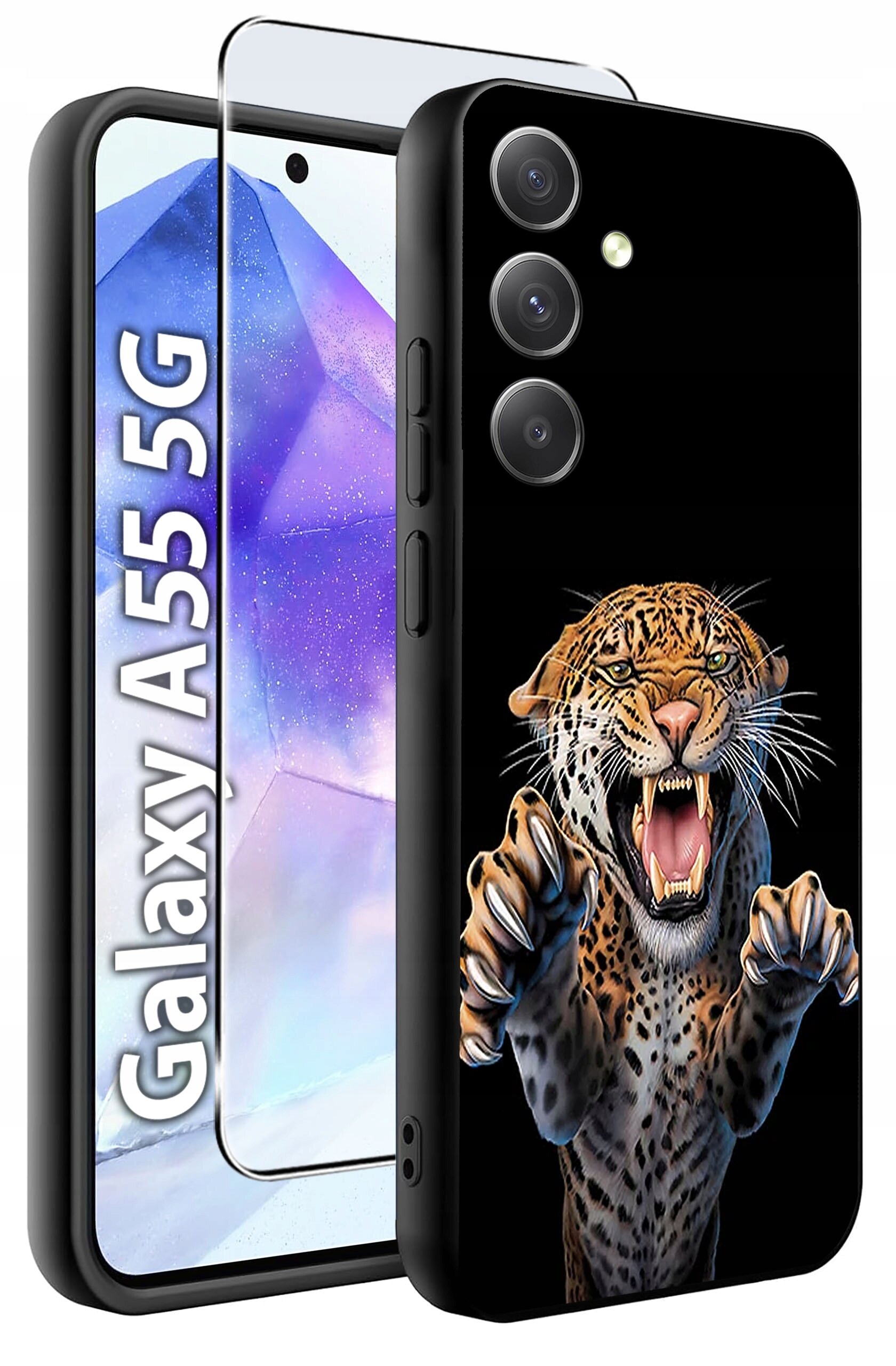 Etui na telefon z grafiką przedstawiającą ryczącego lamparta, obok widoczny jest telefon z napisem \'Galaxy A55 5G\'.