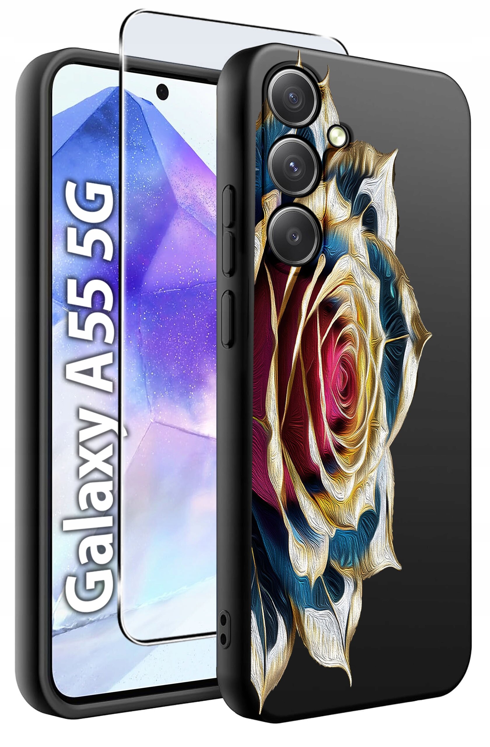 Obraz przedstawia etui na telefon z wzorem kolorowej róży oraz szkło hartowane. Widoczny jest napis \'Galaxy A55 5G\'.