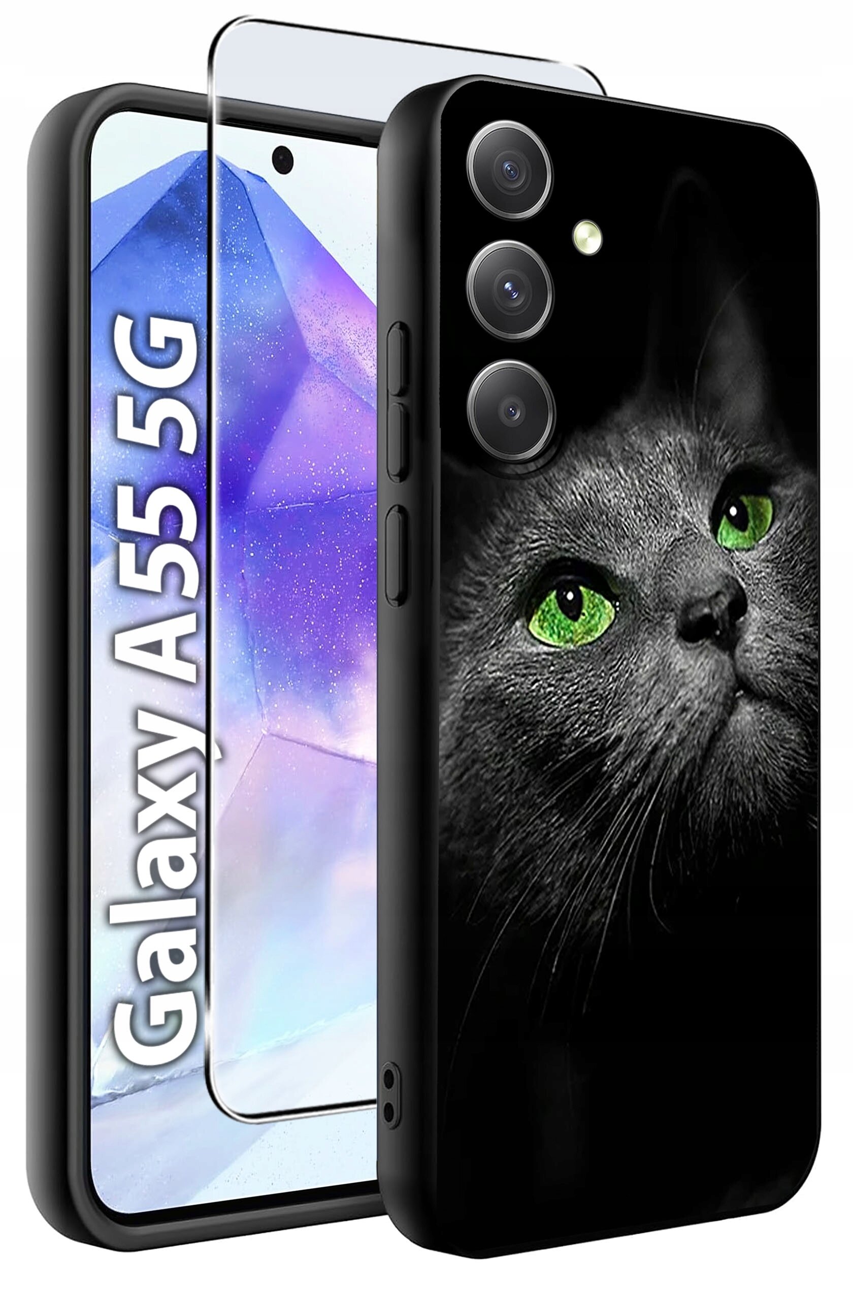 Obraz przedstawia etui na telefon z wizerunkiem kota o zielonych oczach oraz szkło hartowane. Na ekranie telefonu widoczny jest napis \'Galaxy A55 5G\'.