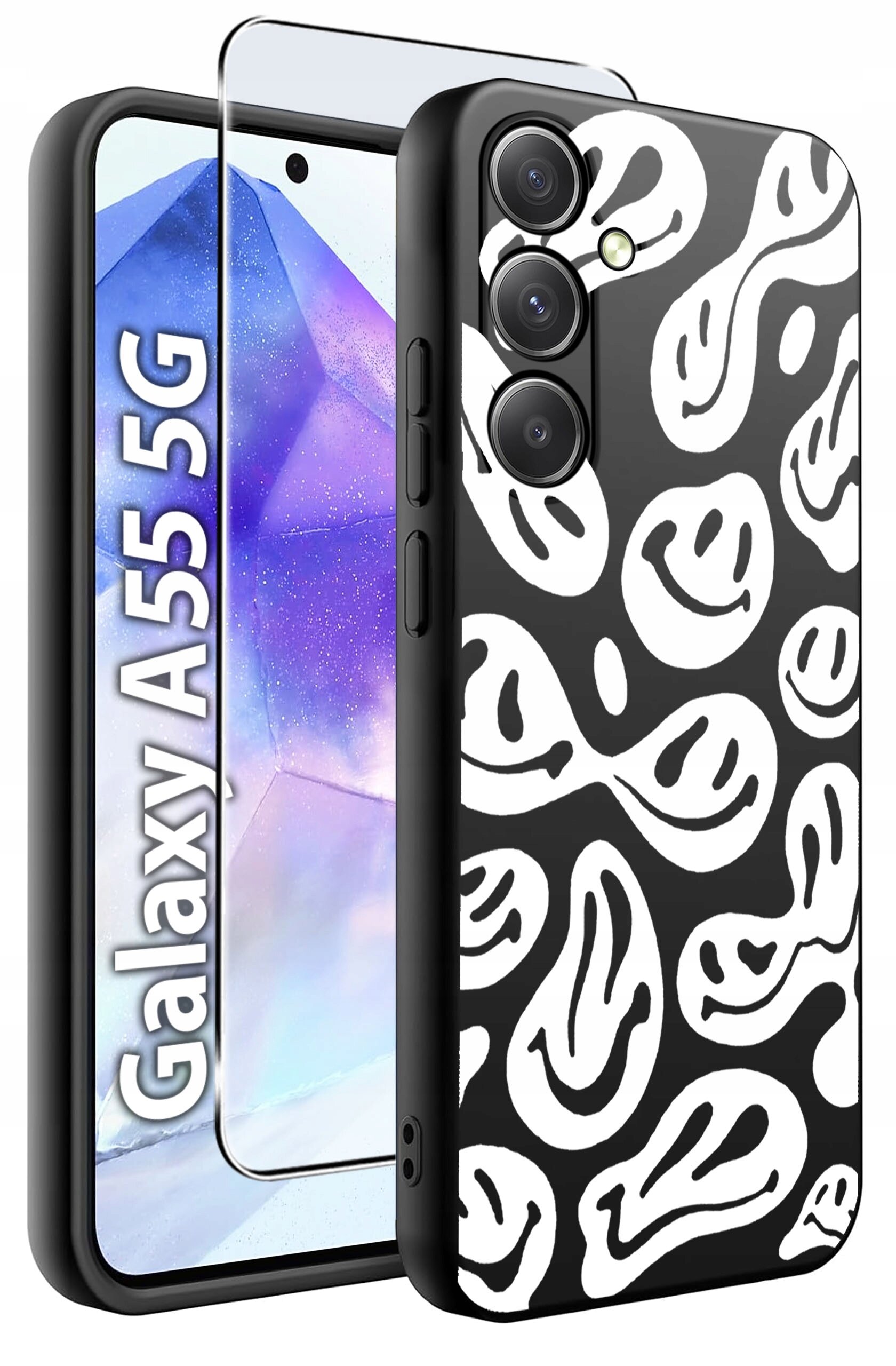Obraz przedstawia czarne etui z białymi wzorami na telefon Galaxy A55 5G oraz szkło hartowane. Na ekranie telefonu widoczny jest napis \'Galaxy A55 5G\'.