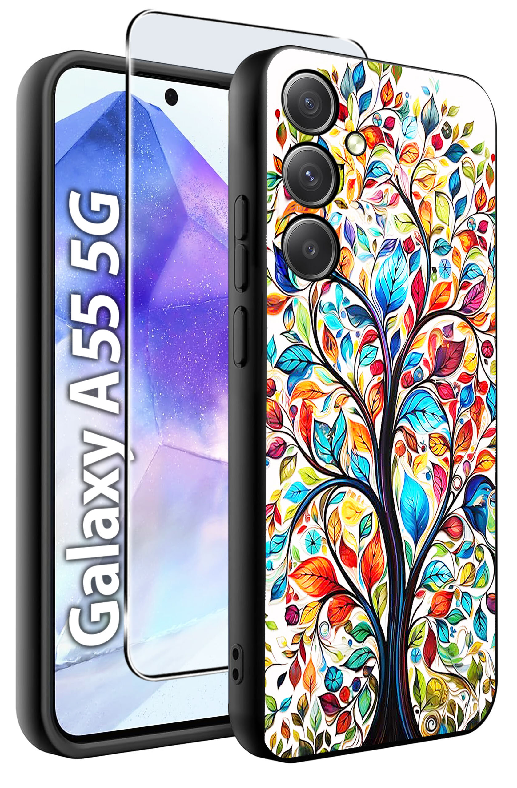 Obraz przedstawia etui na telefon z kolorowym wzorem drzewa oraz szkło hartowane. Widoczny jest napis \'Galaxy A55 5G\'.