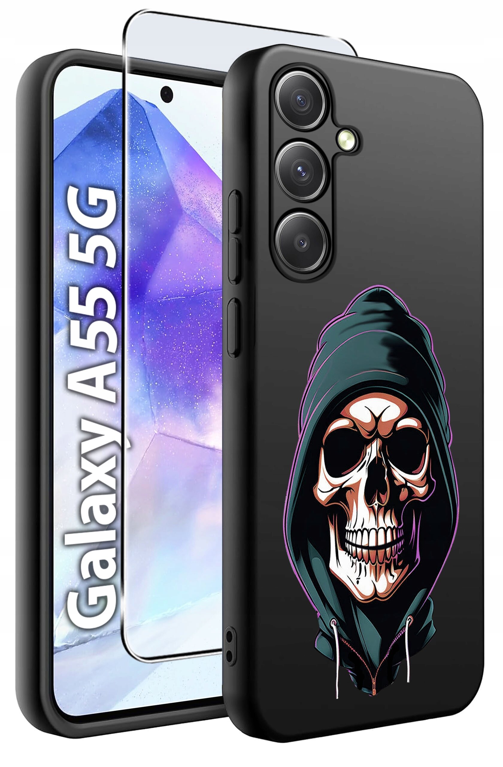 Obraz przedstawia czarne etui na telefon z nadrukiem czaszki w kapturze. Obok etui znajduje się szkło hartowane oraz napis \'Galaxy A55 5G\'.