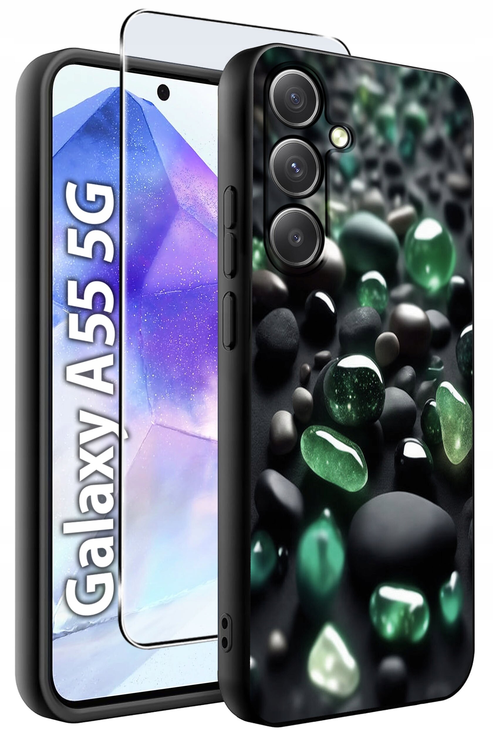 Obraz przedstawia etui na telefon z wzorem zielonych i czarnych kamieni oraz szkło hartowane. Widoczny jest napis \'Galaxy A55 5G\'.