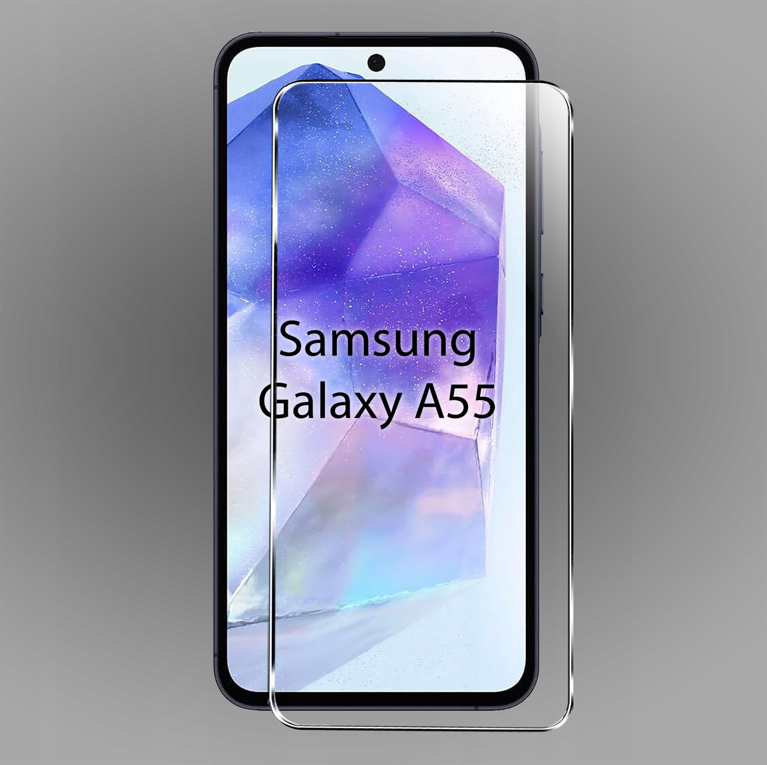 Obraz przedstawia telefon Samsung Galaxy A55 z nałożonym szkłem hartowanym. Na ekranie widoczny jest abstrakcyjny wzór w odcieniach fioletu i niebieskiego.