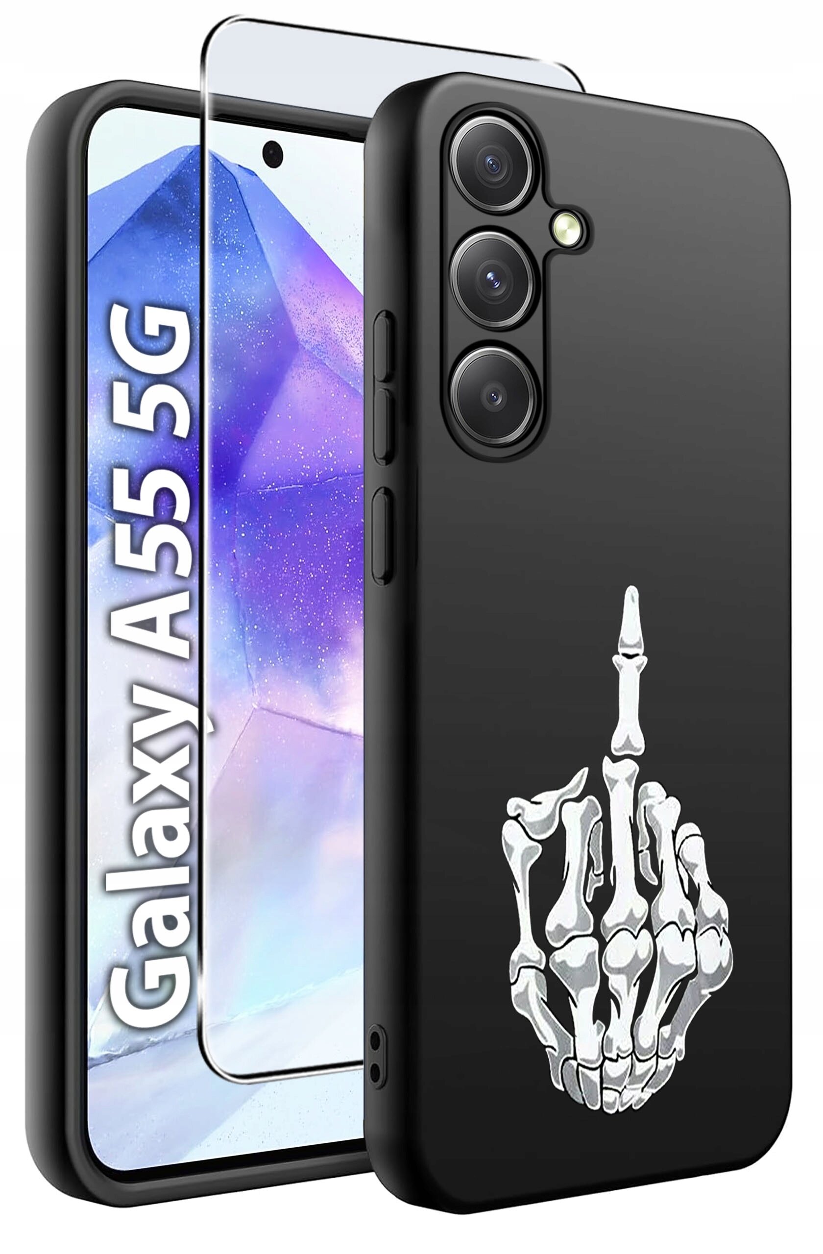 Czarne etui na telefon z nadrukiem białej, szkieletowej dłoni pokazującej środkowy palec. Obok widoczny jest telefon z napisem \'Galaxy A55 5G\' oraz szkło hartowane.