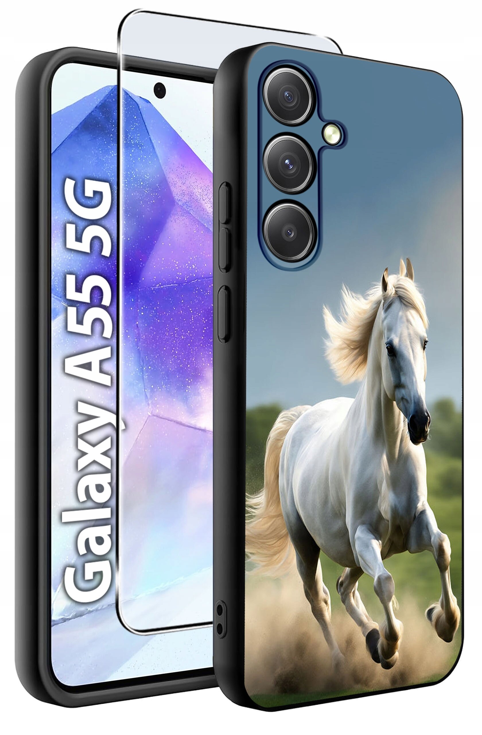 Obraz przedstawia etui na telefon z nadrukiem galopującego białego konia oraz szkło hartowane. Na ekranie telefonu widoczny jest napis \'Galaxy A55 5G\'.