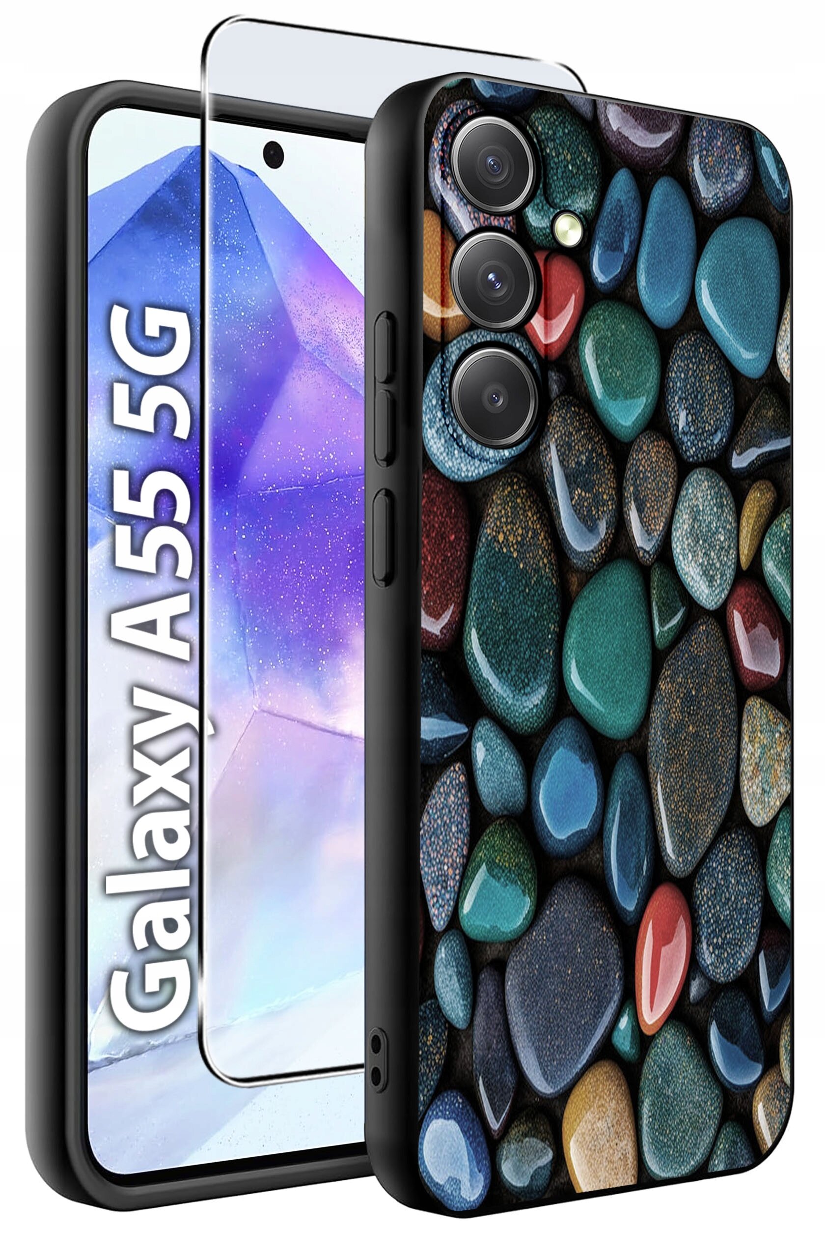 Etui na telefon z wzorem kolorowych kamieni, obok którego znajduje się szkło hartowane. Na ekranie telefonu widoczny jest napis \'Galaxy A55 5G\'.