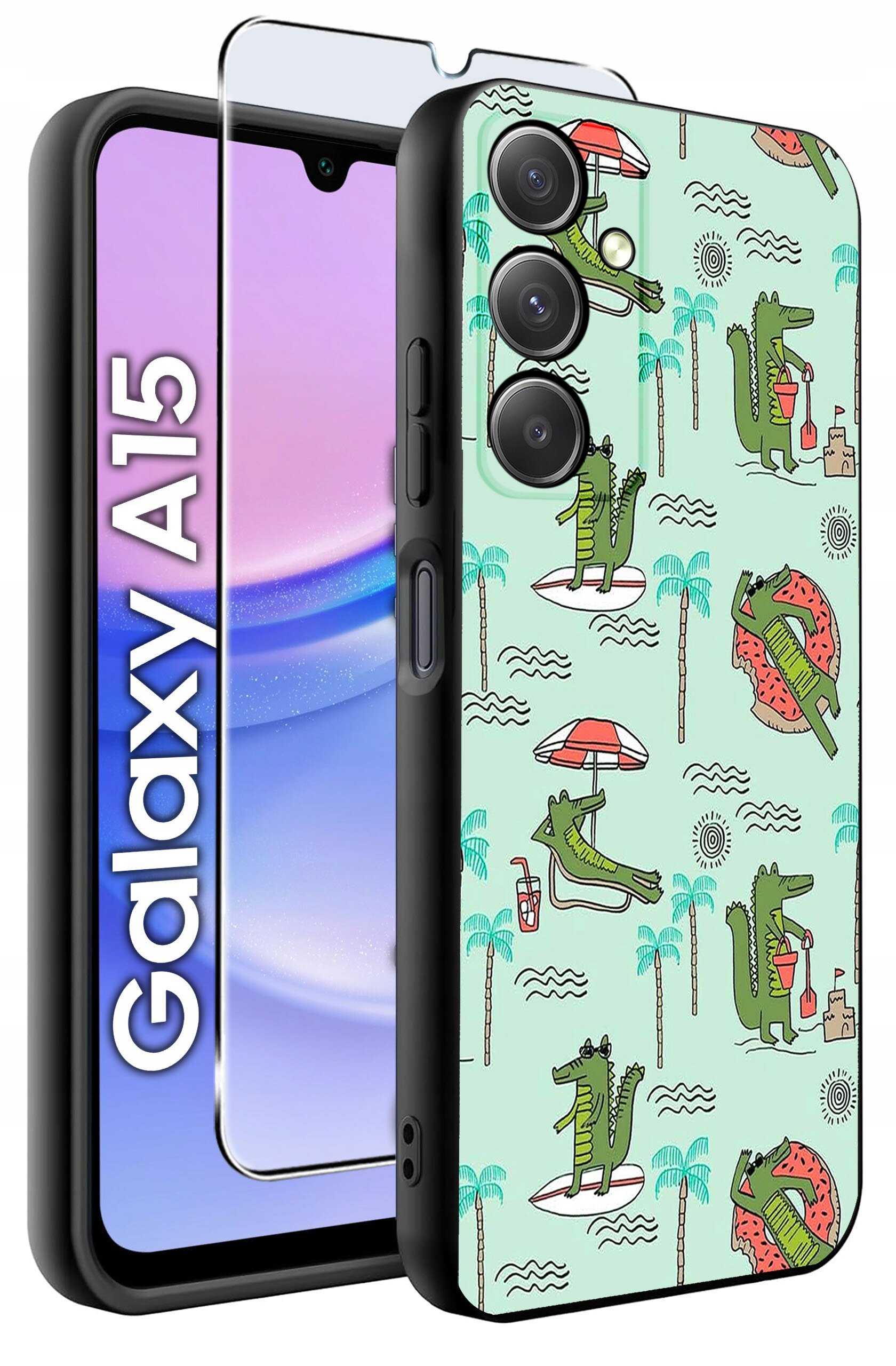 Etui na telefon z motywem krokodyli na tle palm i plażowych akcesoriów, obok widoczny napis \'Galaxy A15\'.
