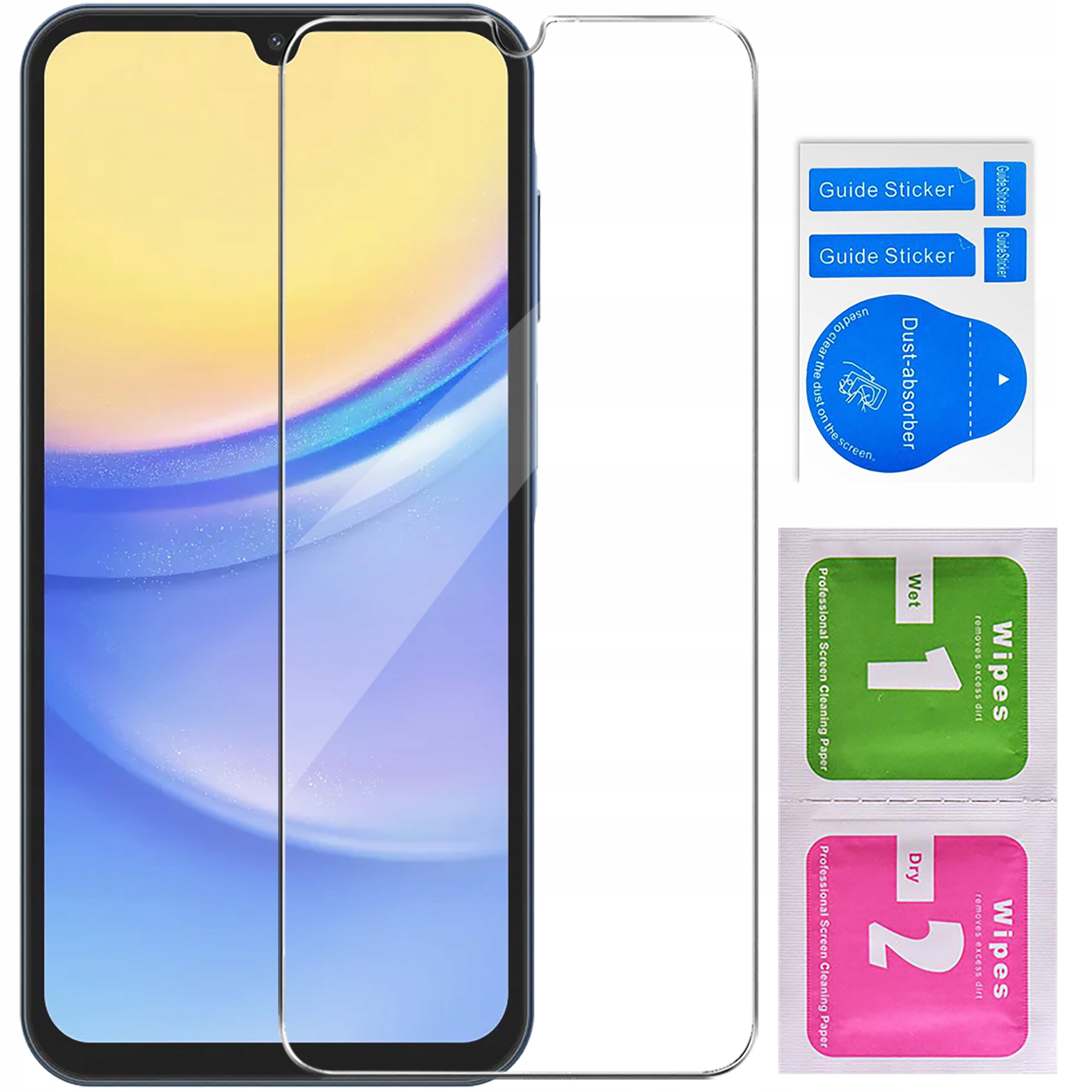 Na zdjęciu widoczny jest telefon z nałożonym szkłem ochronnym oraz zestaw akcesoriów do montażu, w tym naklejki \'Guide Sticker\', \'Dust-absorber\' oraz chusteczki \'Wet 1\' i \'Dry 2\'.